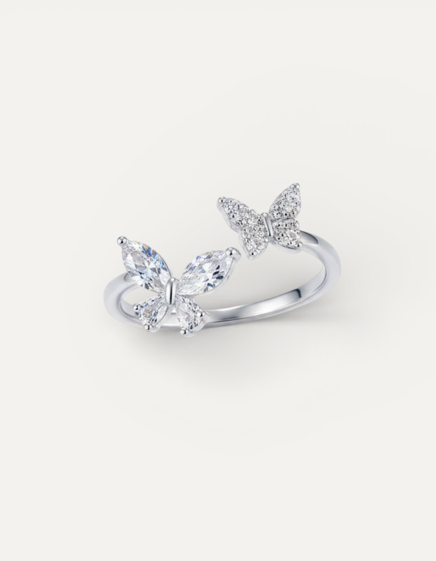 Adjustable Shiny Silver Butterfly Ring