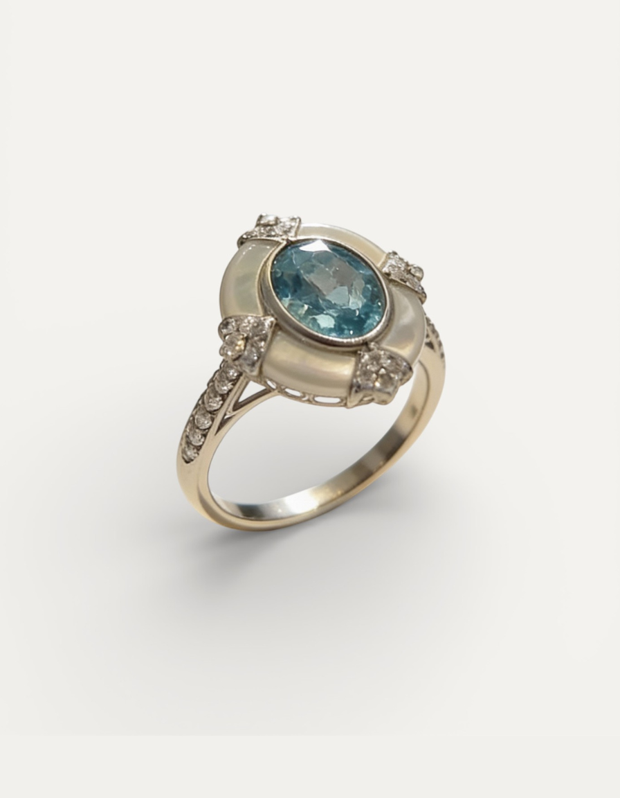 Timeless Adjustable Vintage White Silver and Aquamarine Ring