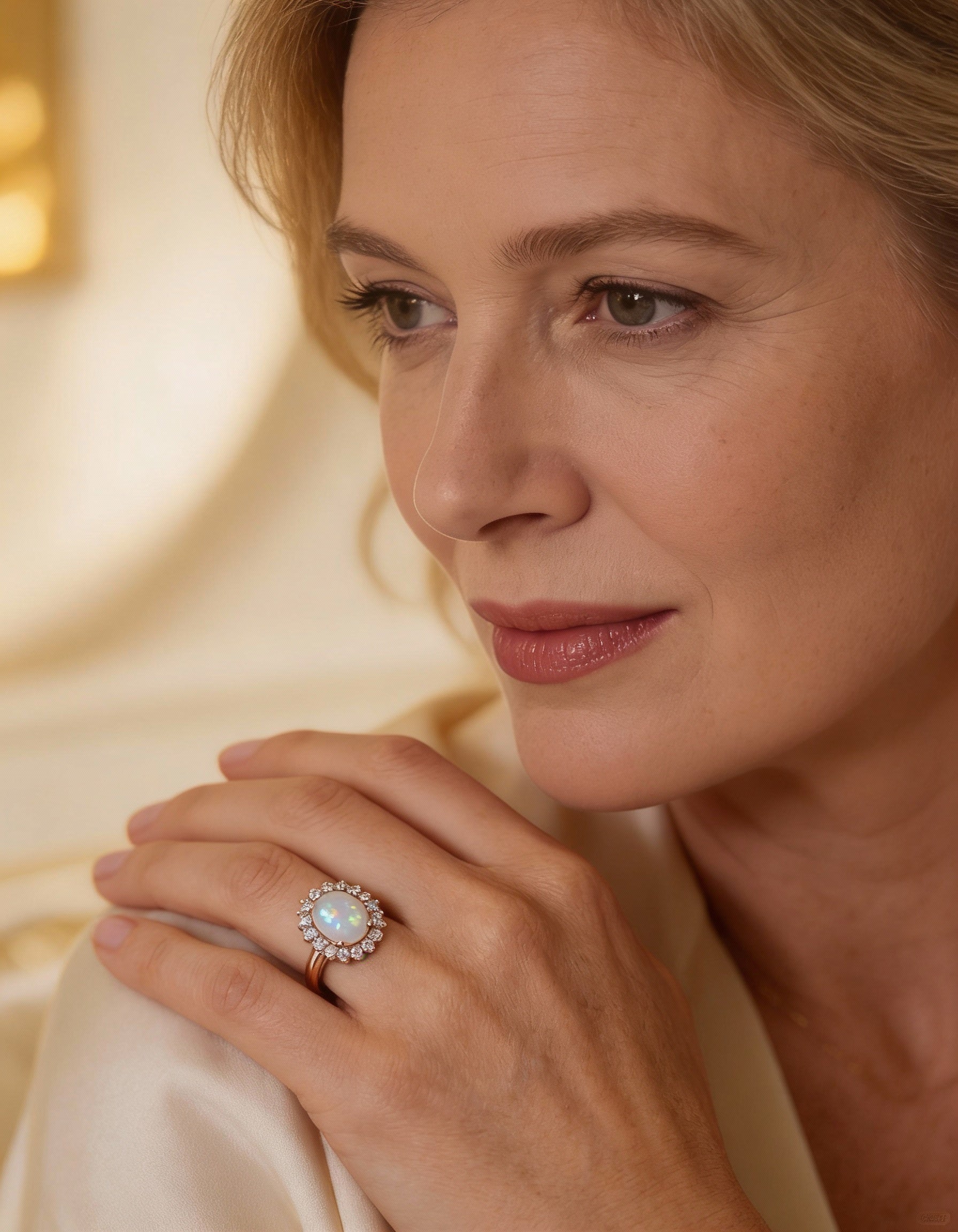 Vintage Rose Gold Oval Opal and Radiant Crystal Border Ring