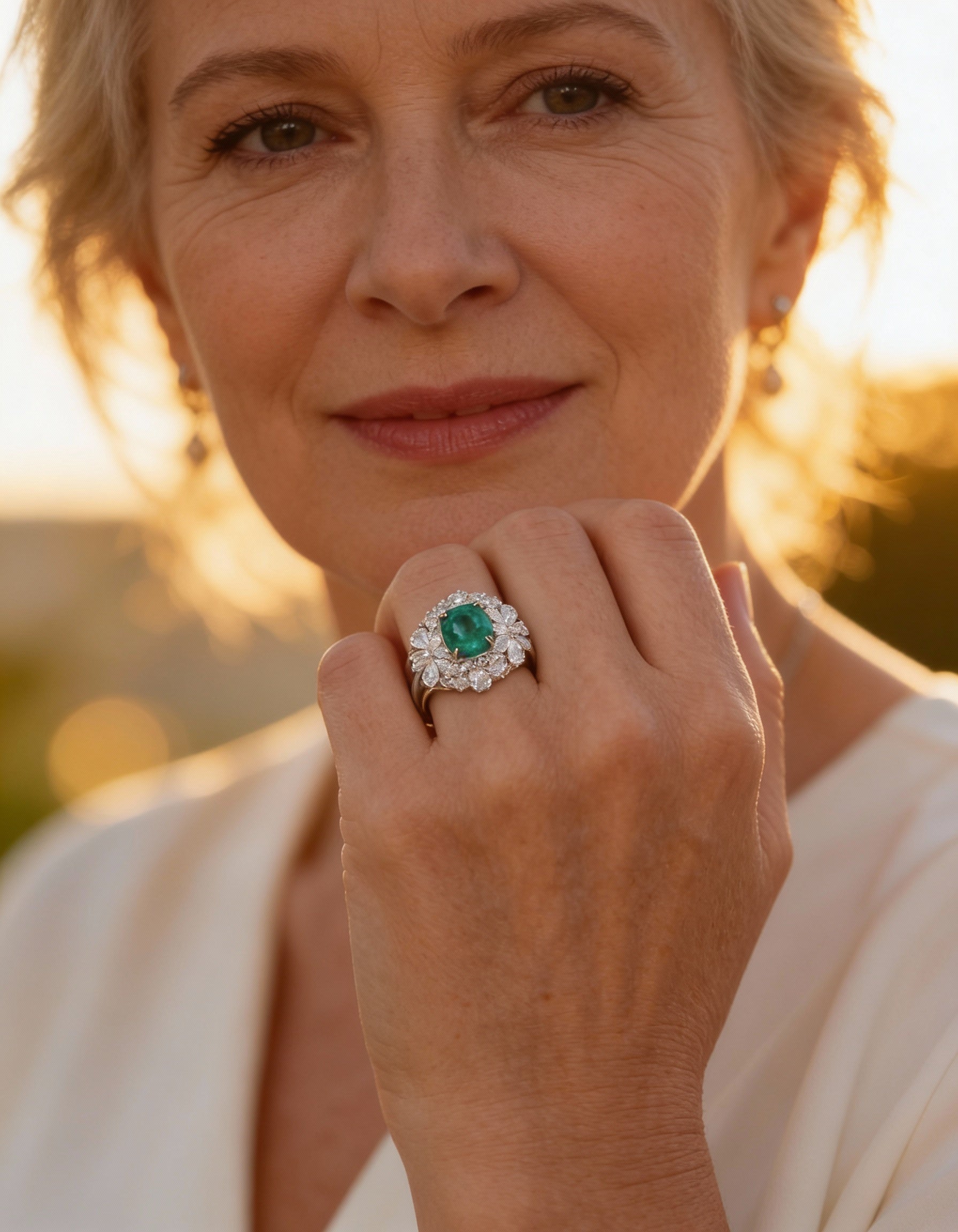 Vintage Floral Green Stone and Diamond Ring