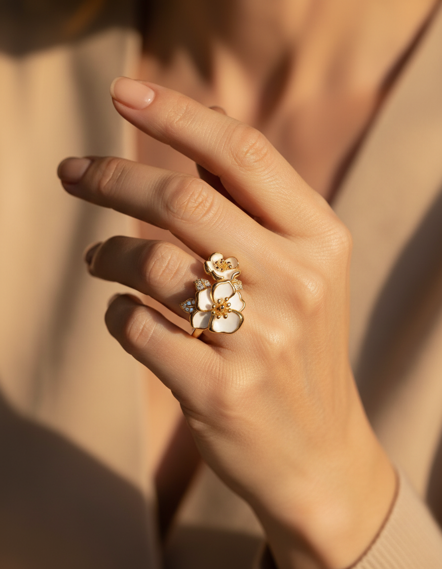 Gold White Flower Ring