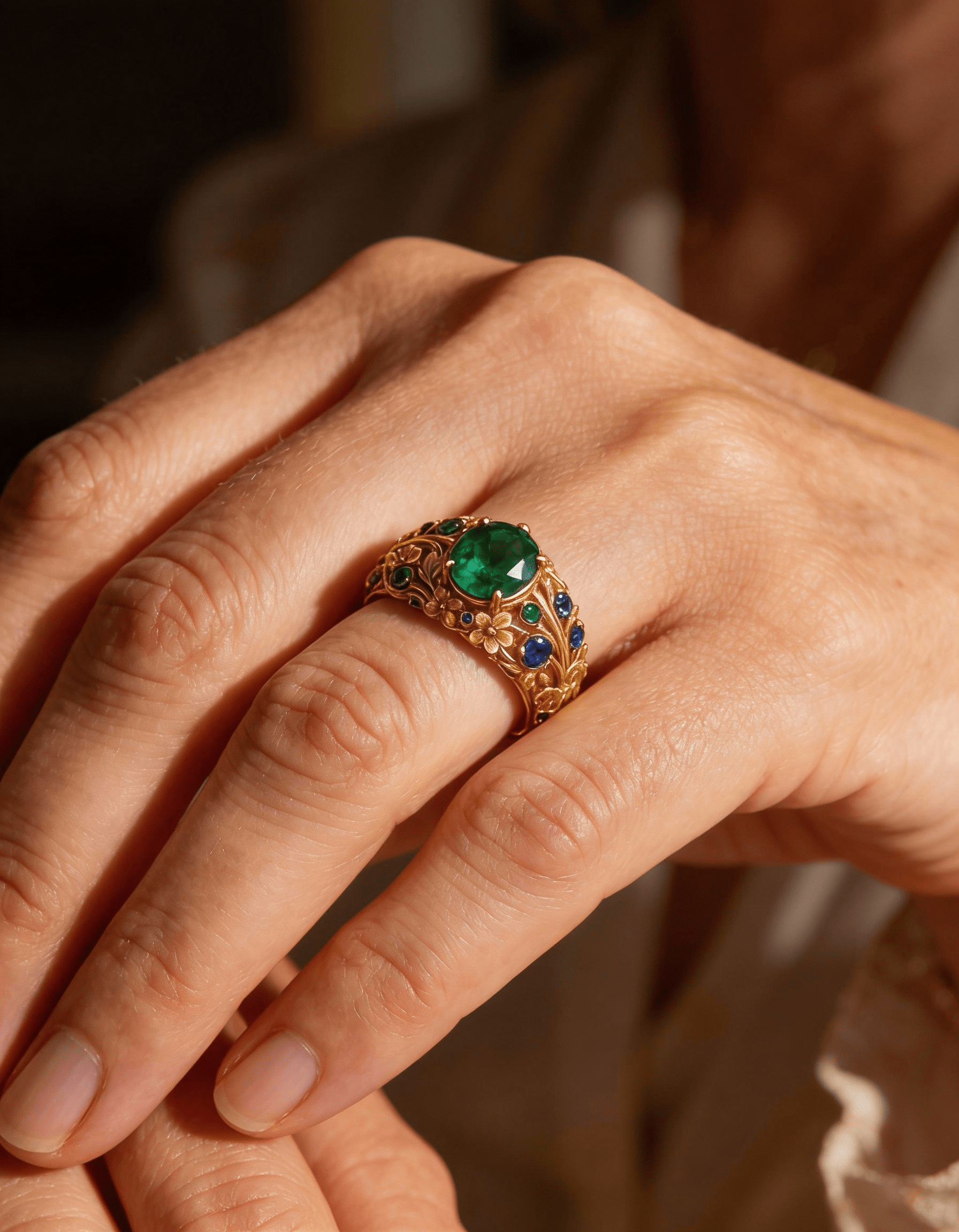 Gold Green and Blue Crystal Ring