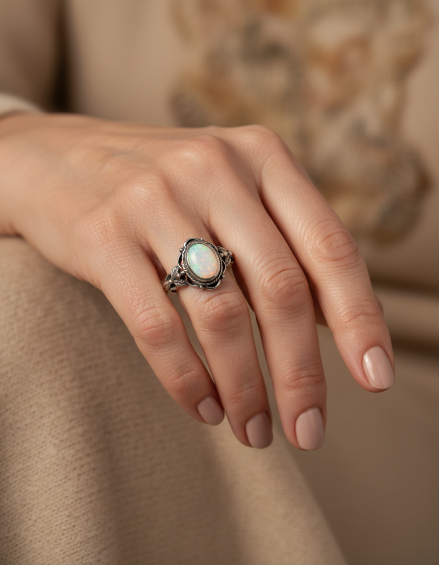 Vintage Silver Floral Opal Ring