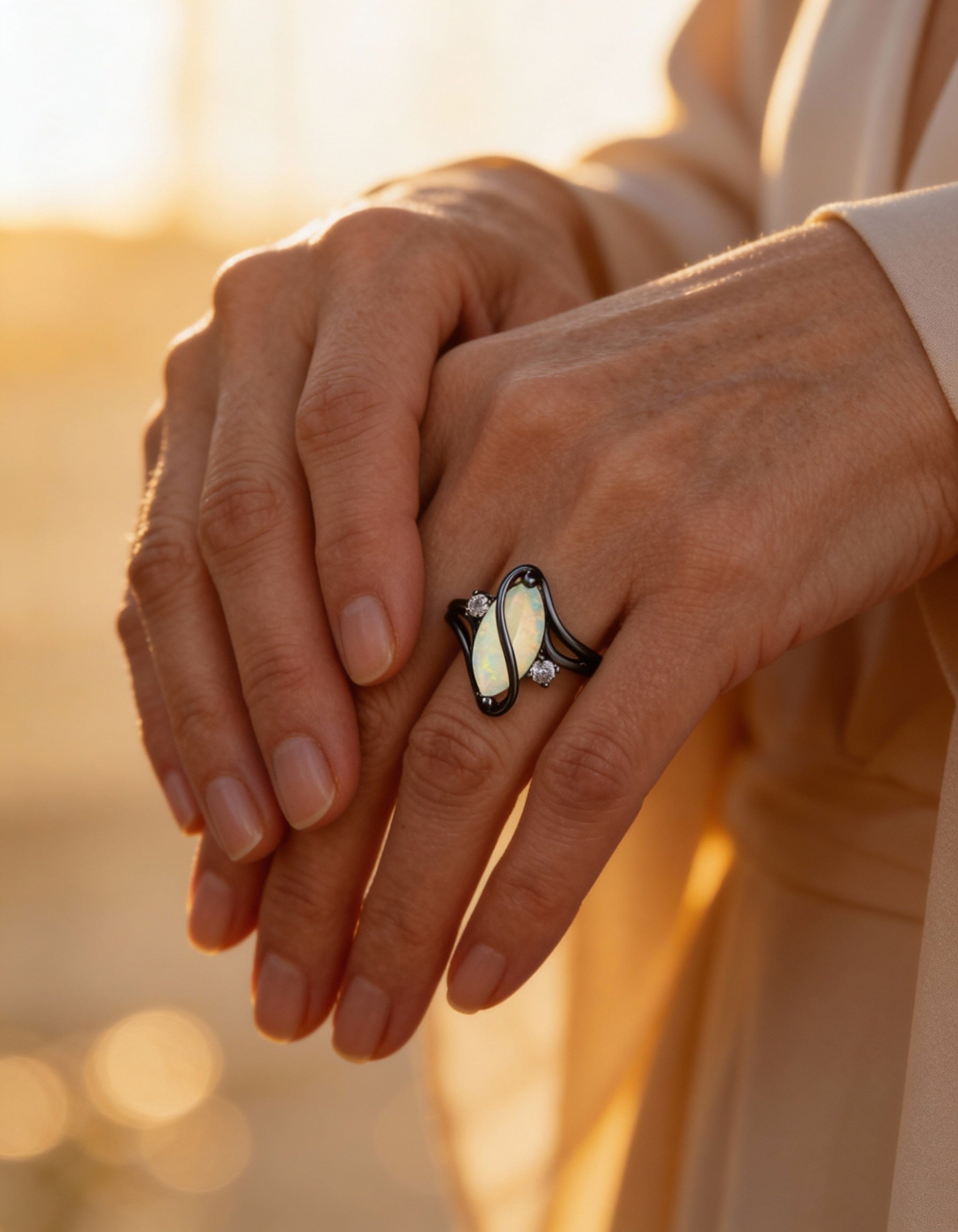 Vintage Black Silver Opal and Crystal Detail Ring