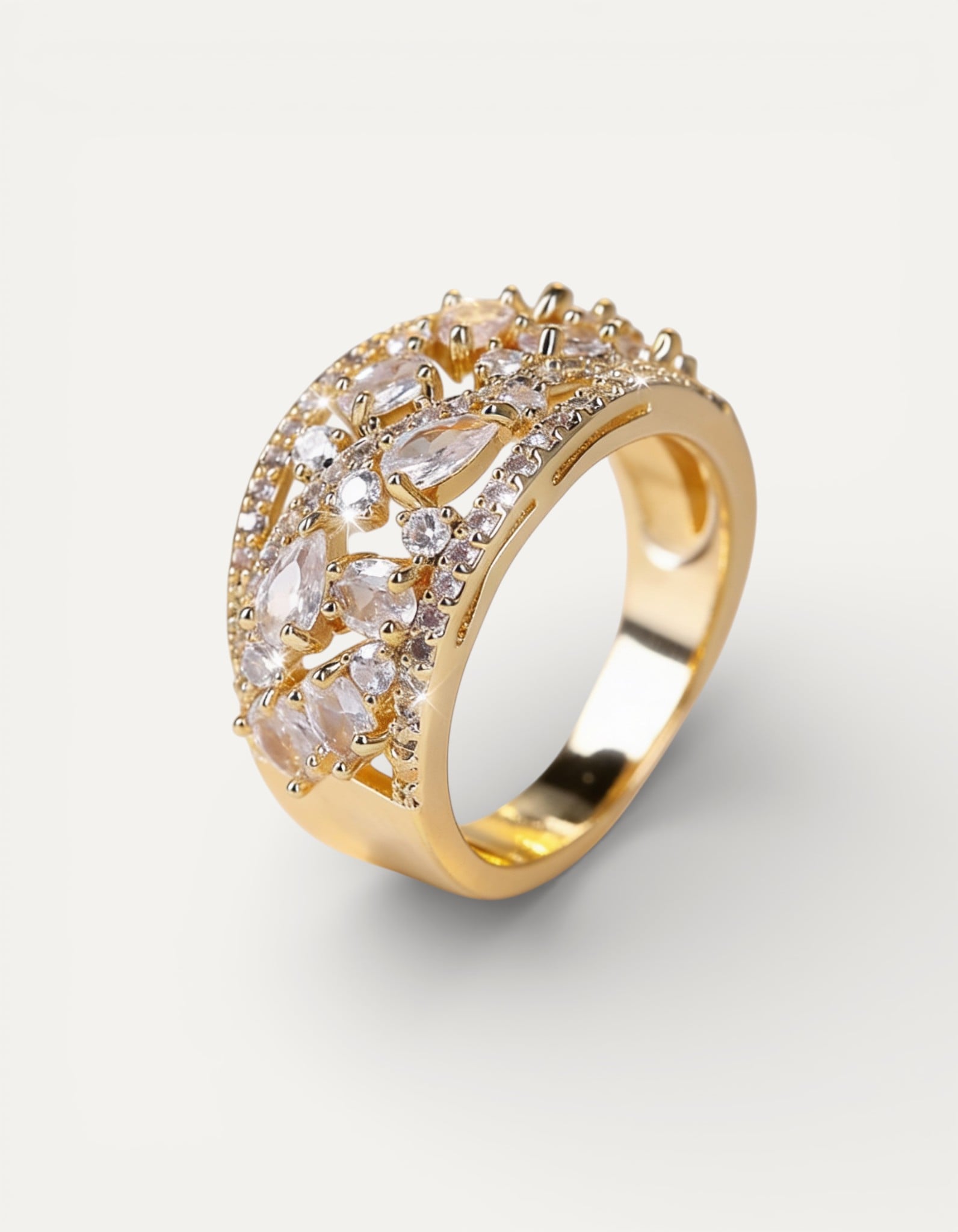 Hollow Gold White Crystal Ring