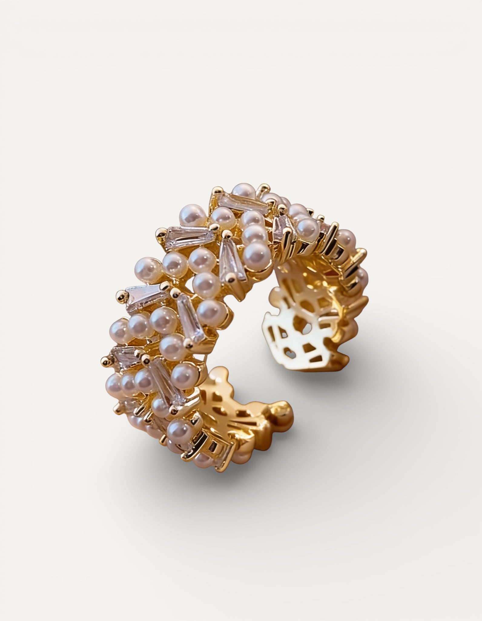 Adjustable Vintage Gold Pearl and Crystal Ring