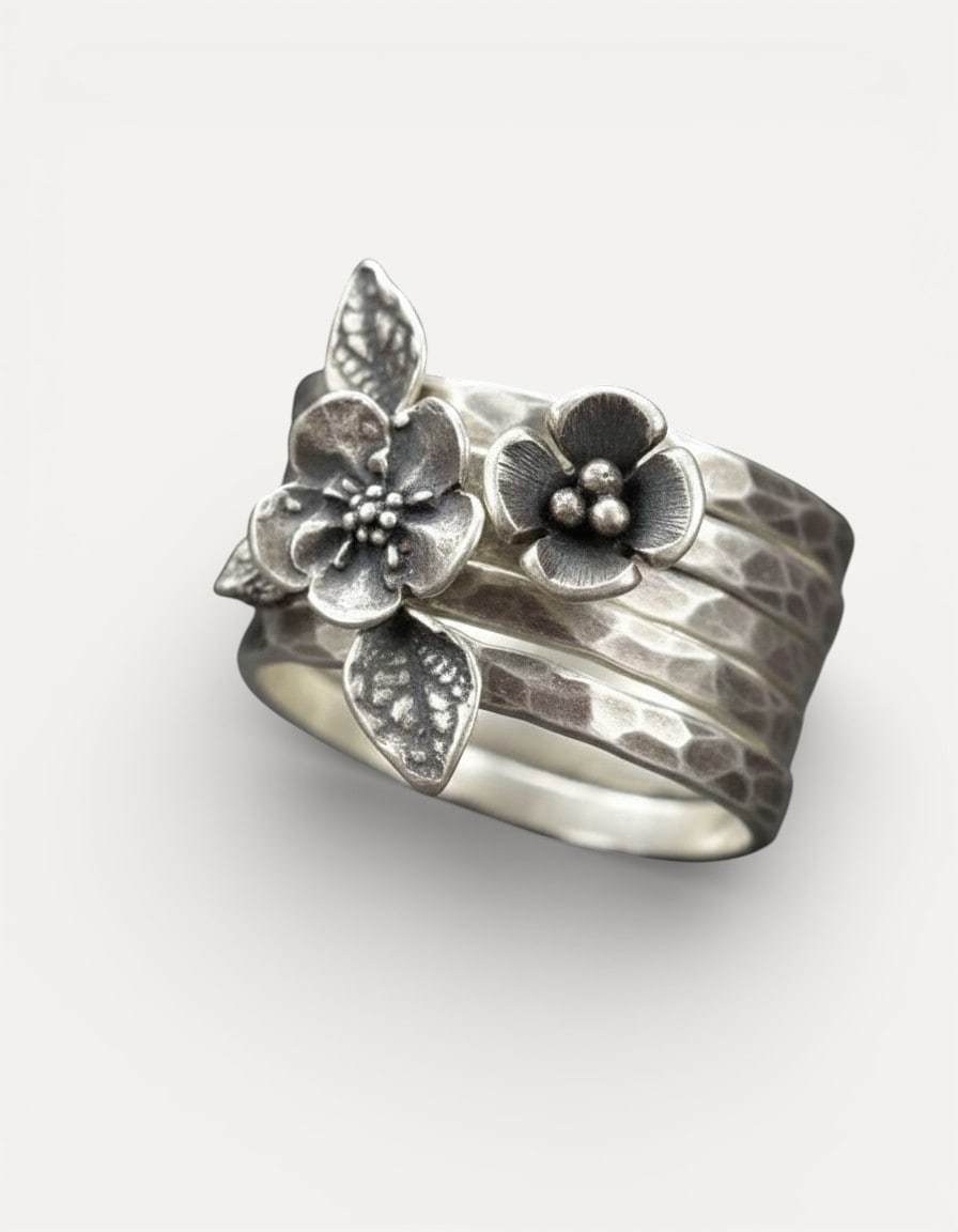 Vintage Layered Silver Flower Ring