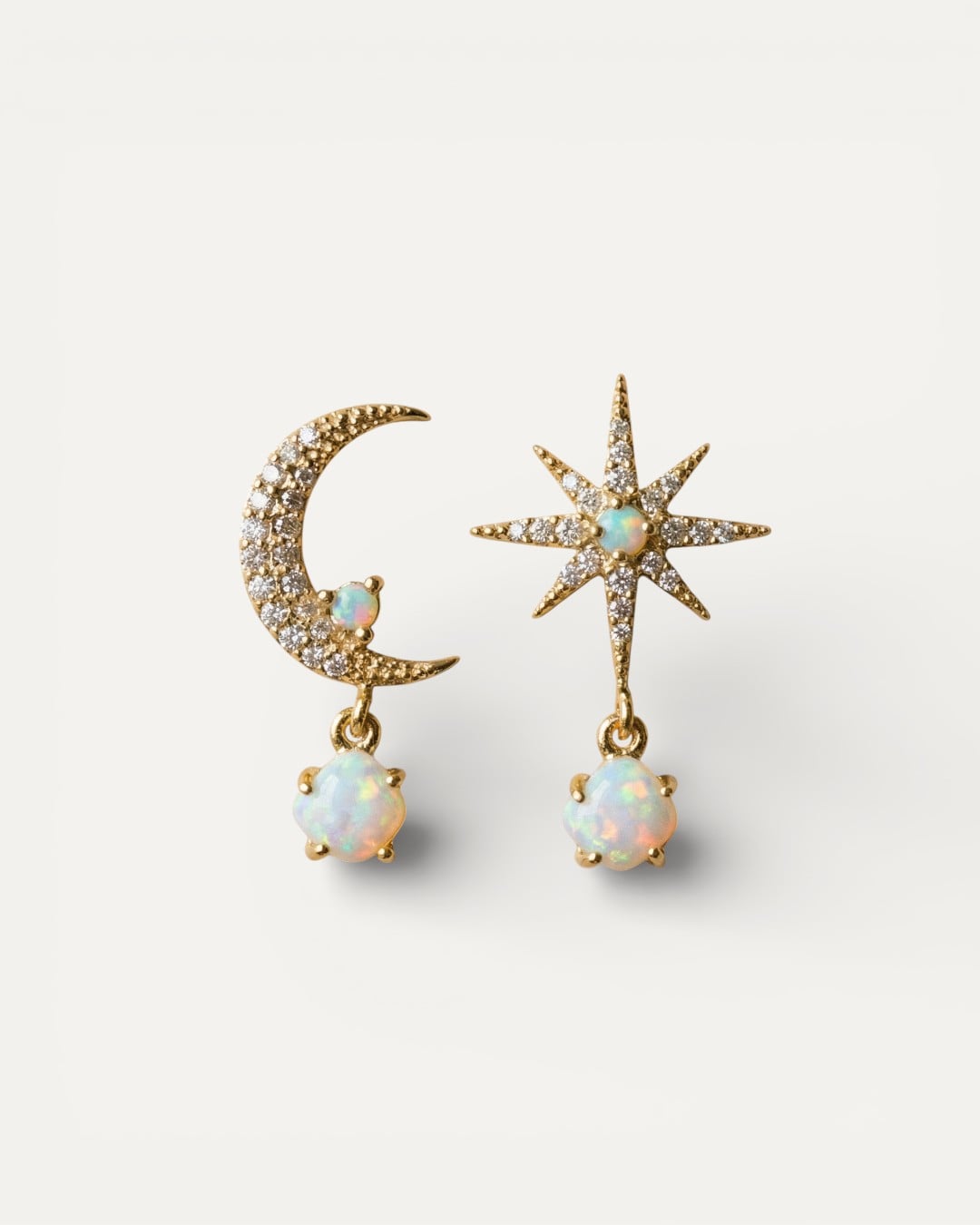 Gold Moon and Star Opal Earrings