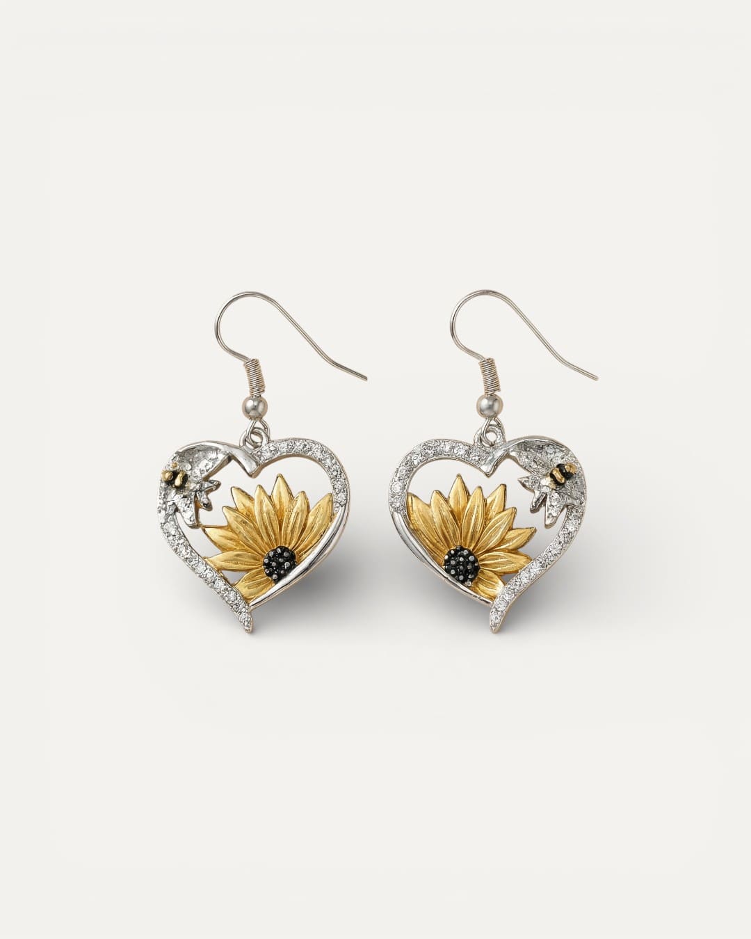 Vintage Boho Sunflower and Bee Heart Drop Earrings