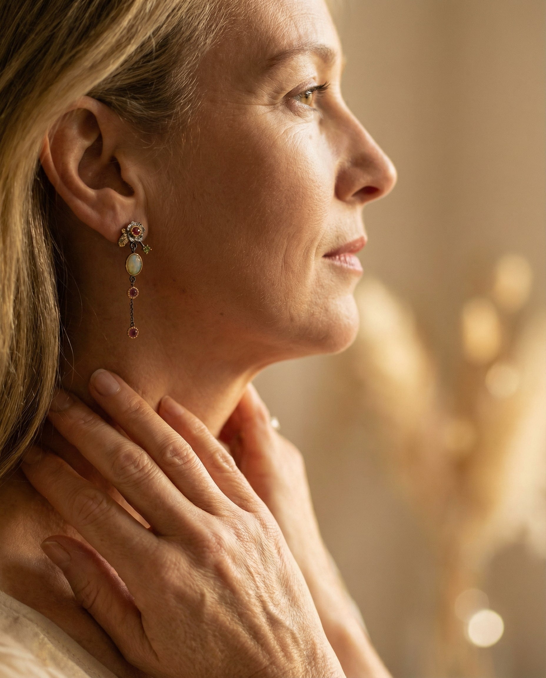 Vintage Gold Blue Opal and Red Crystal Earrings