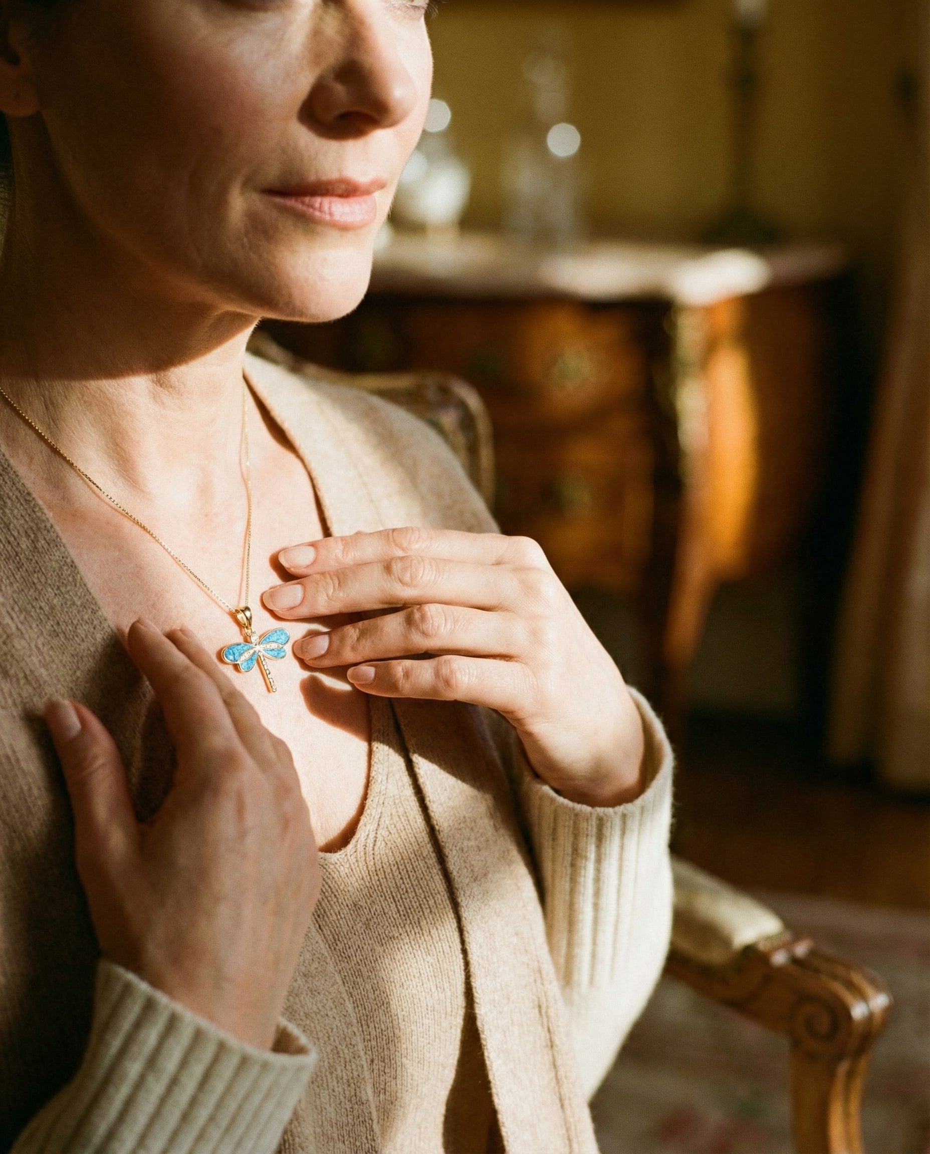 Dragonfly Necklace in Gold with Opal