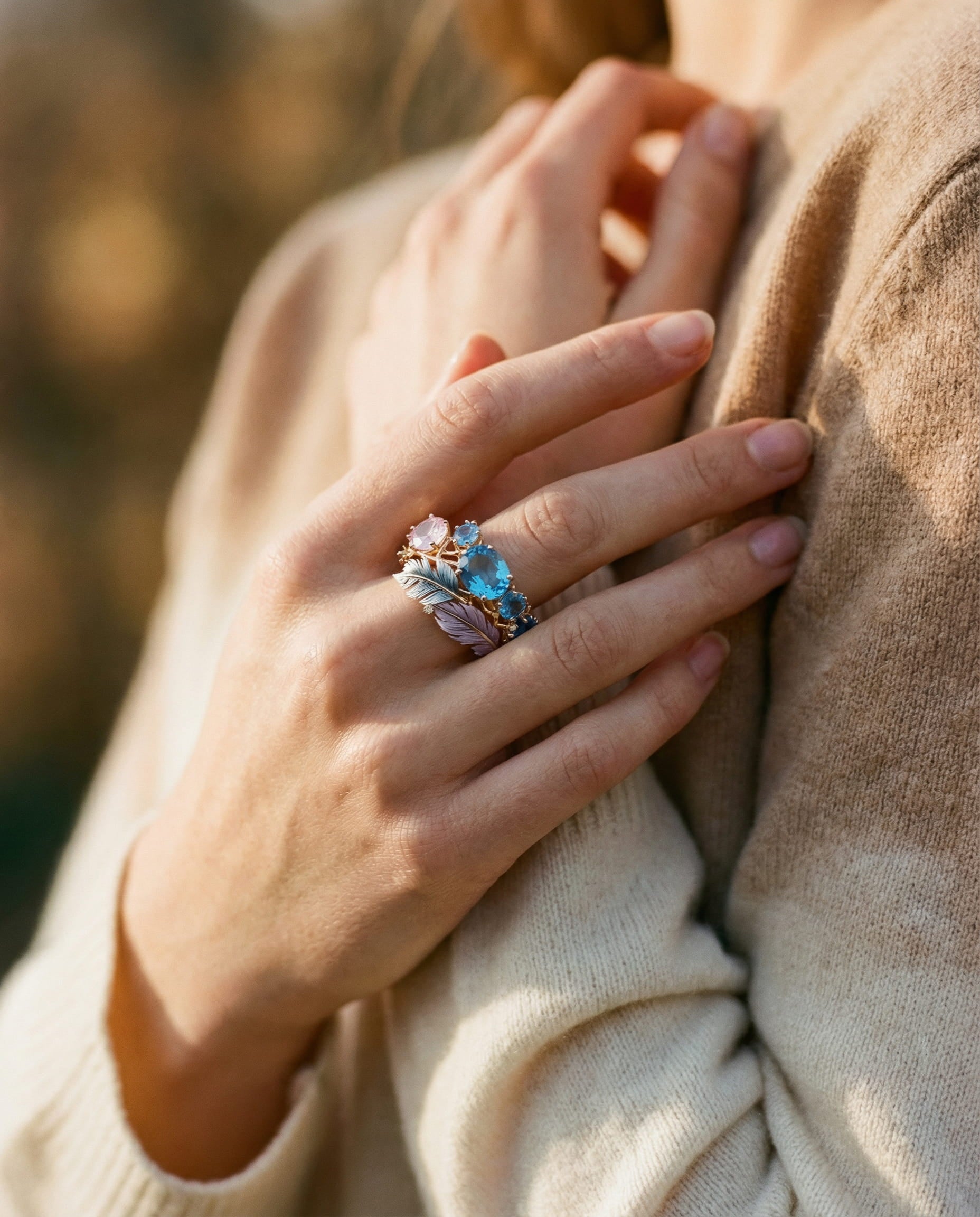 Vintage Exotic Crystal and Feather Ring