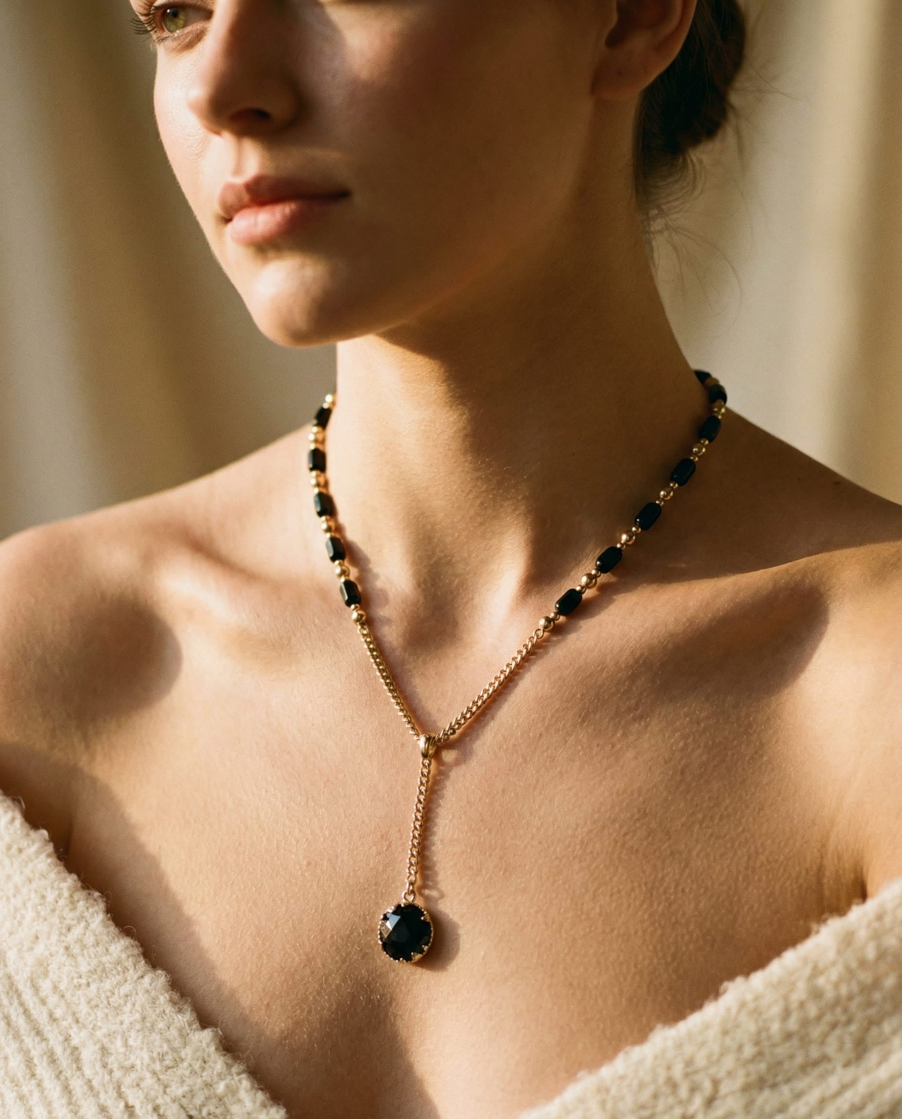 Vintage Black Bead Necklace with Droplet Pendant