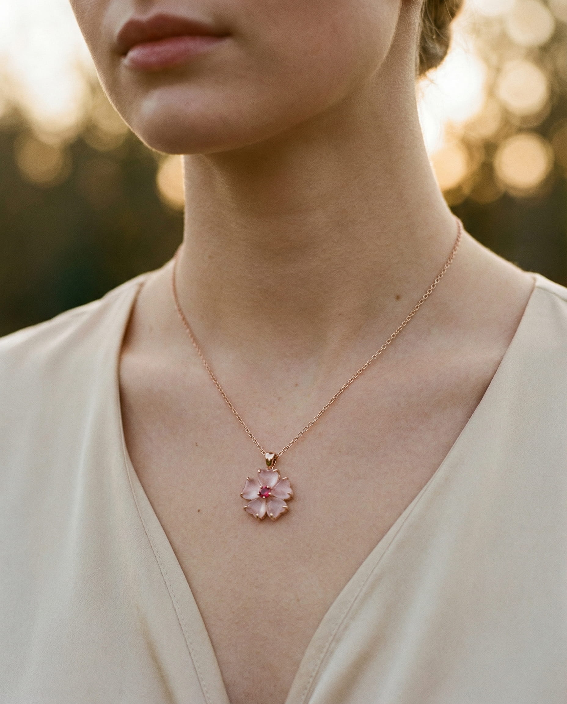 Gold Pink Flower Pendant Necklace