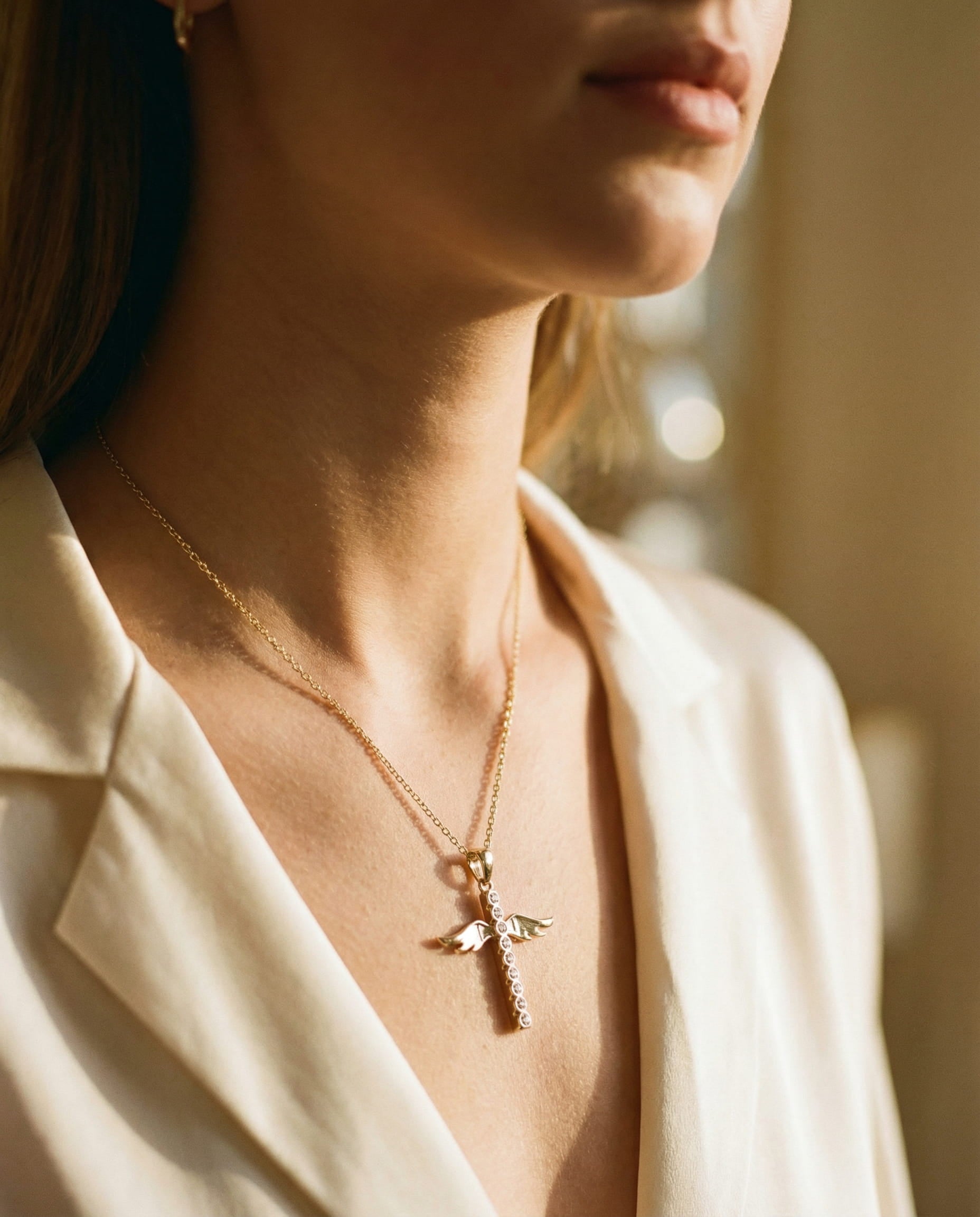 Gold Angel Wing Cross Pendant Necklace