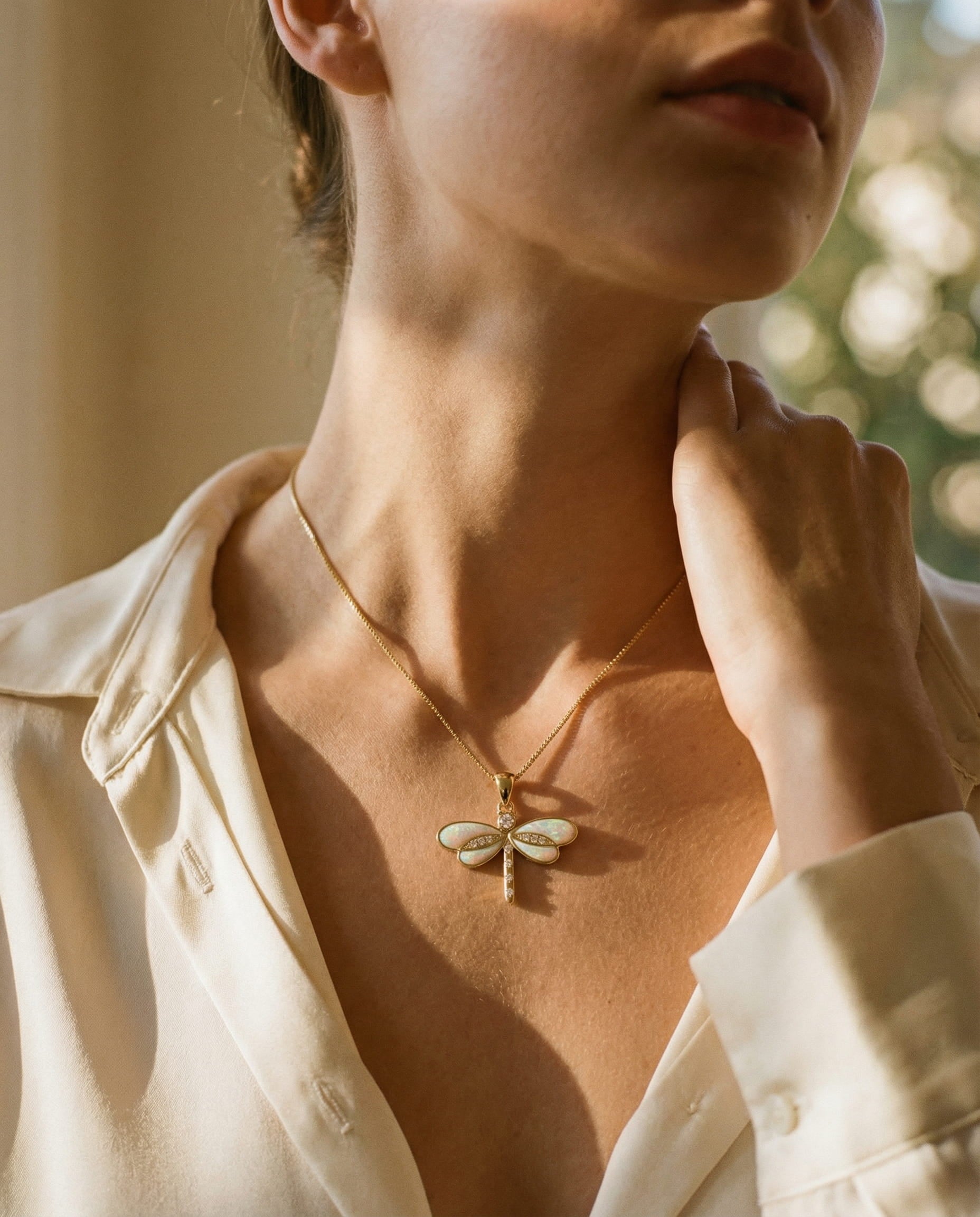 Dragonfly Necklace in Gold with Opal