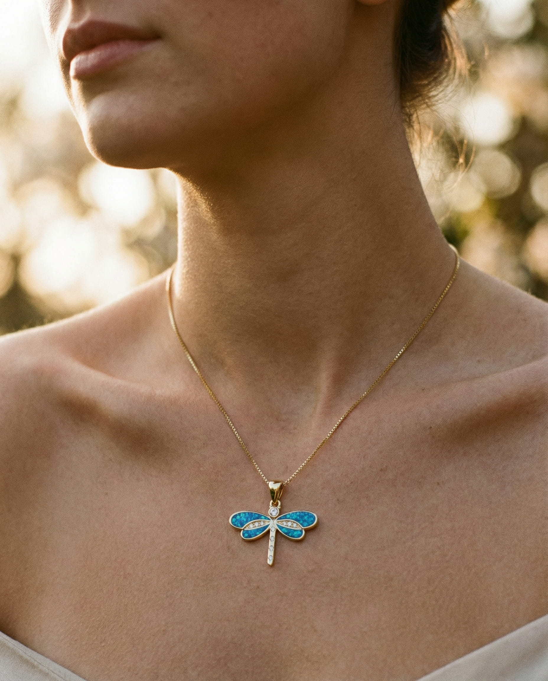 Dragonfly Necklace in Gold with Opal