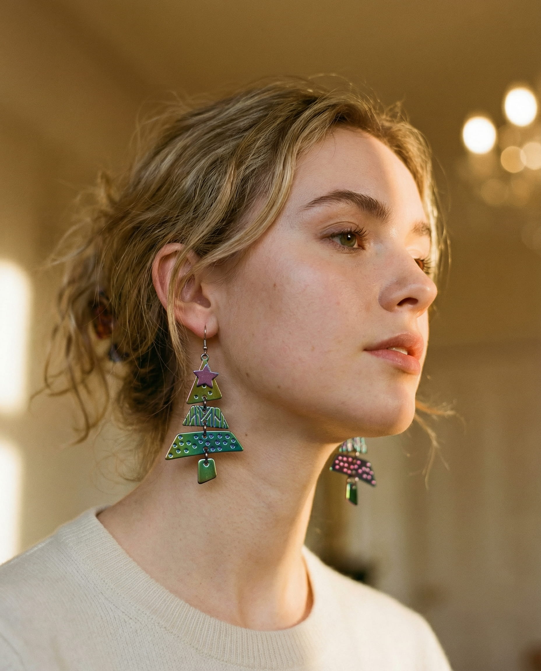 Mixed Metal Christmas Tree Drop Earrings