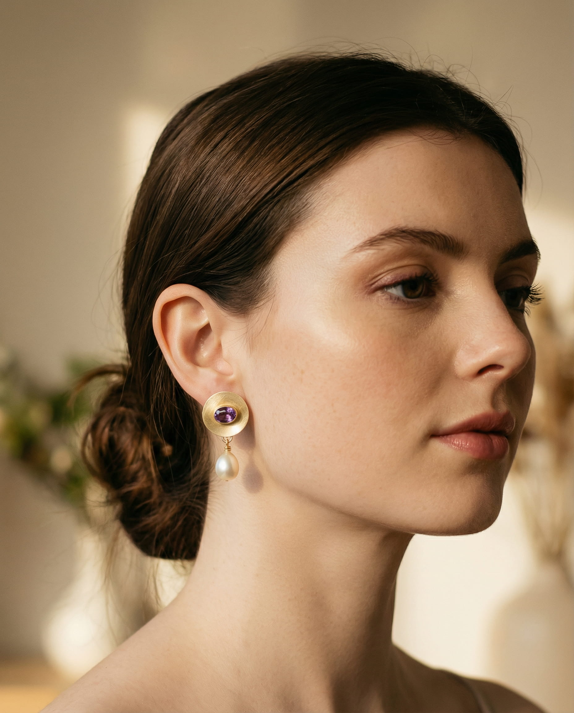 Gold Purple Detail and Pearl Earrings