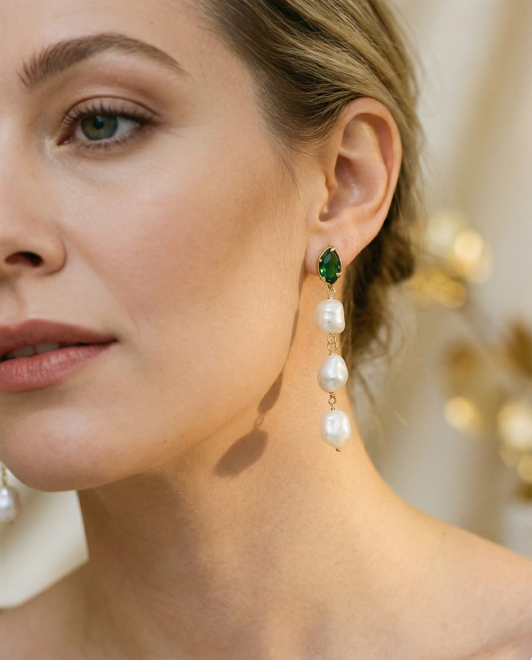 Gold Emerald and Pearl Drop Earrings