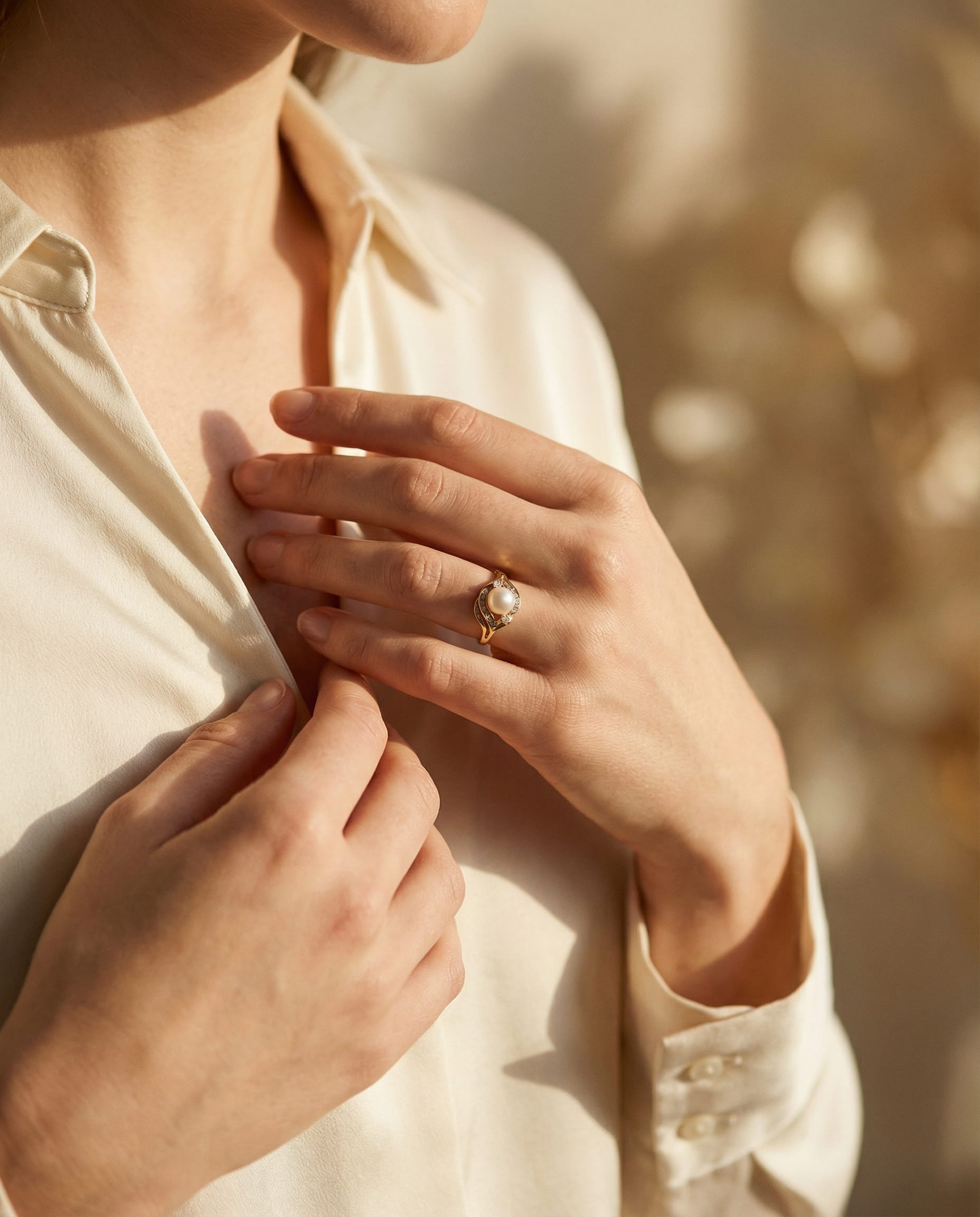 Elegant Sparkling Gold Pearl Ring