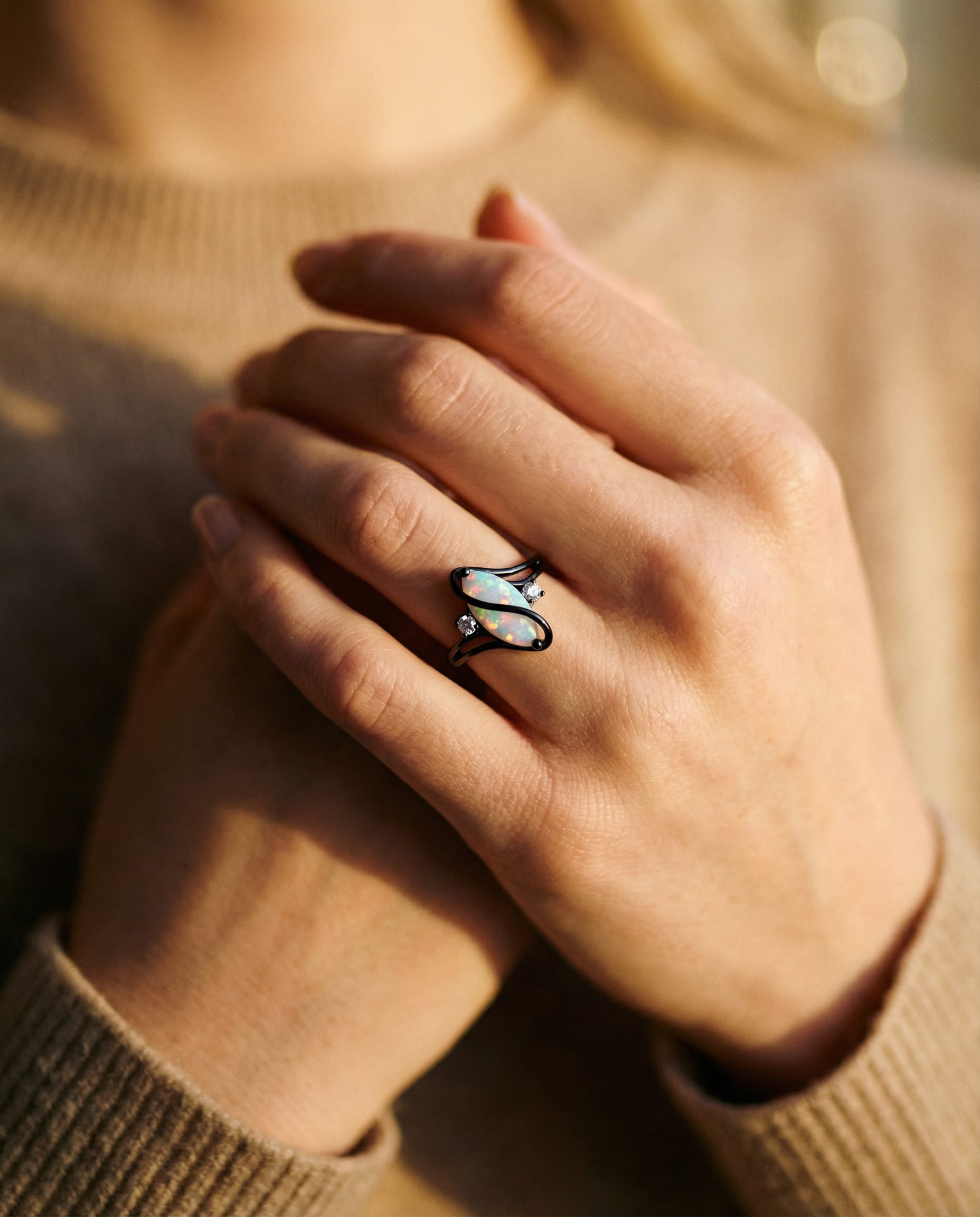 Vintage Twisted Black and Opal Ring