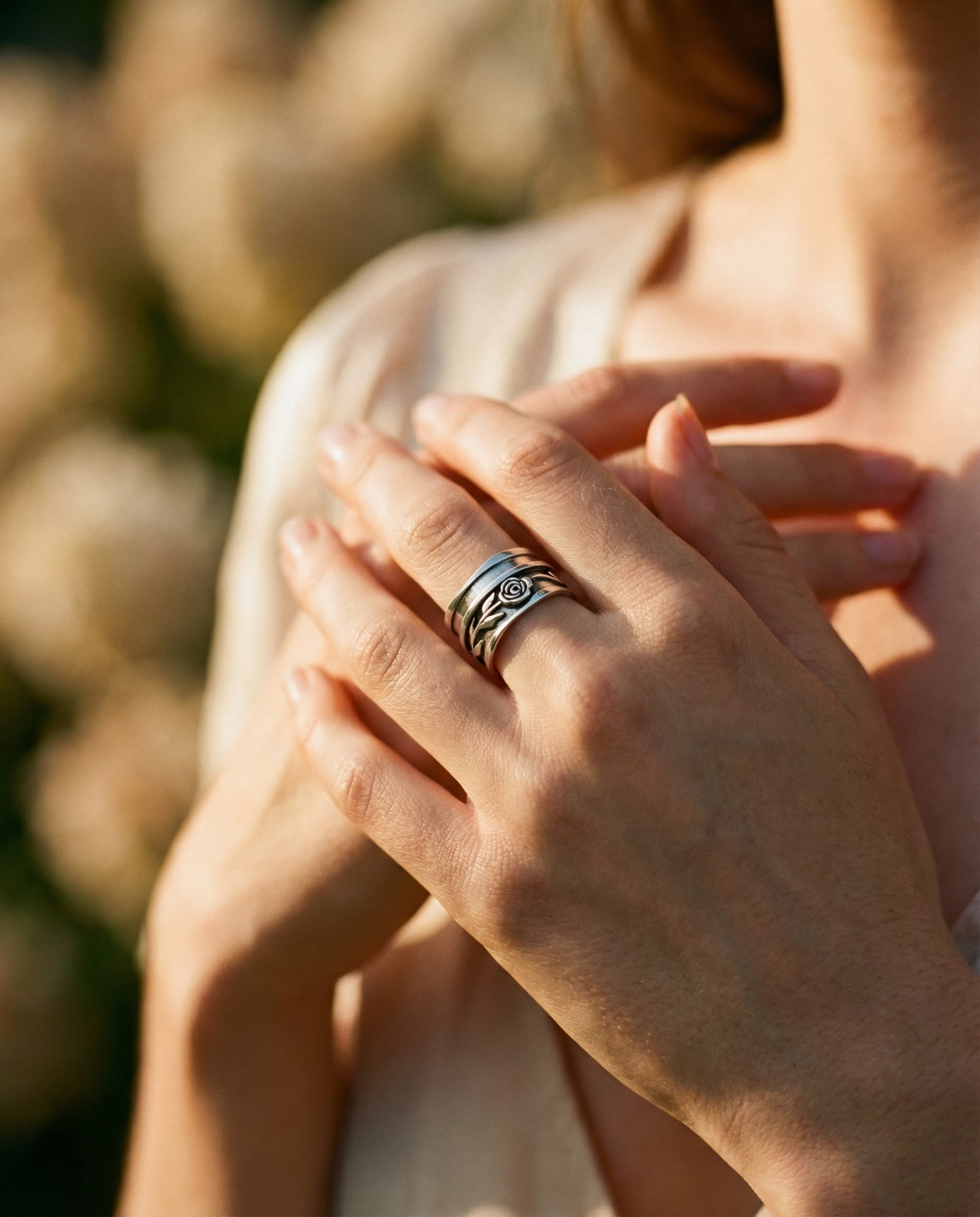 Silver Floral Engraving Ring