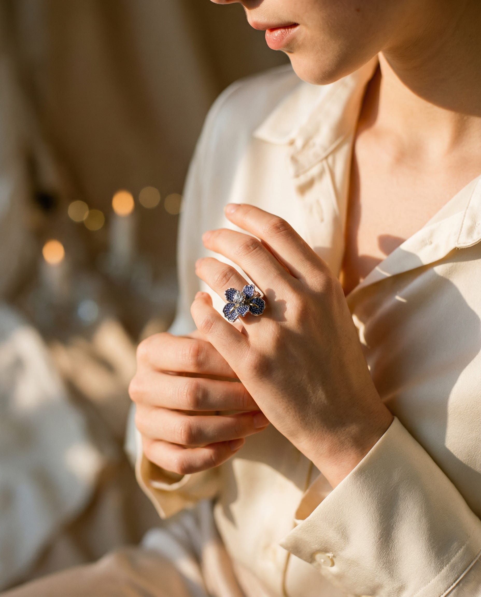 Silver Blue Flower and Crystal Ring