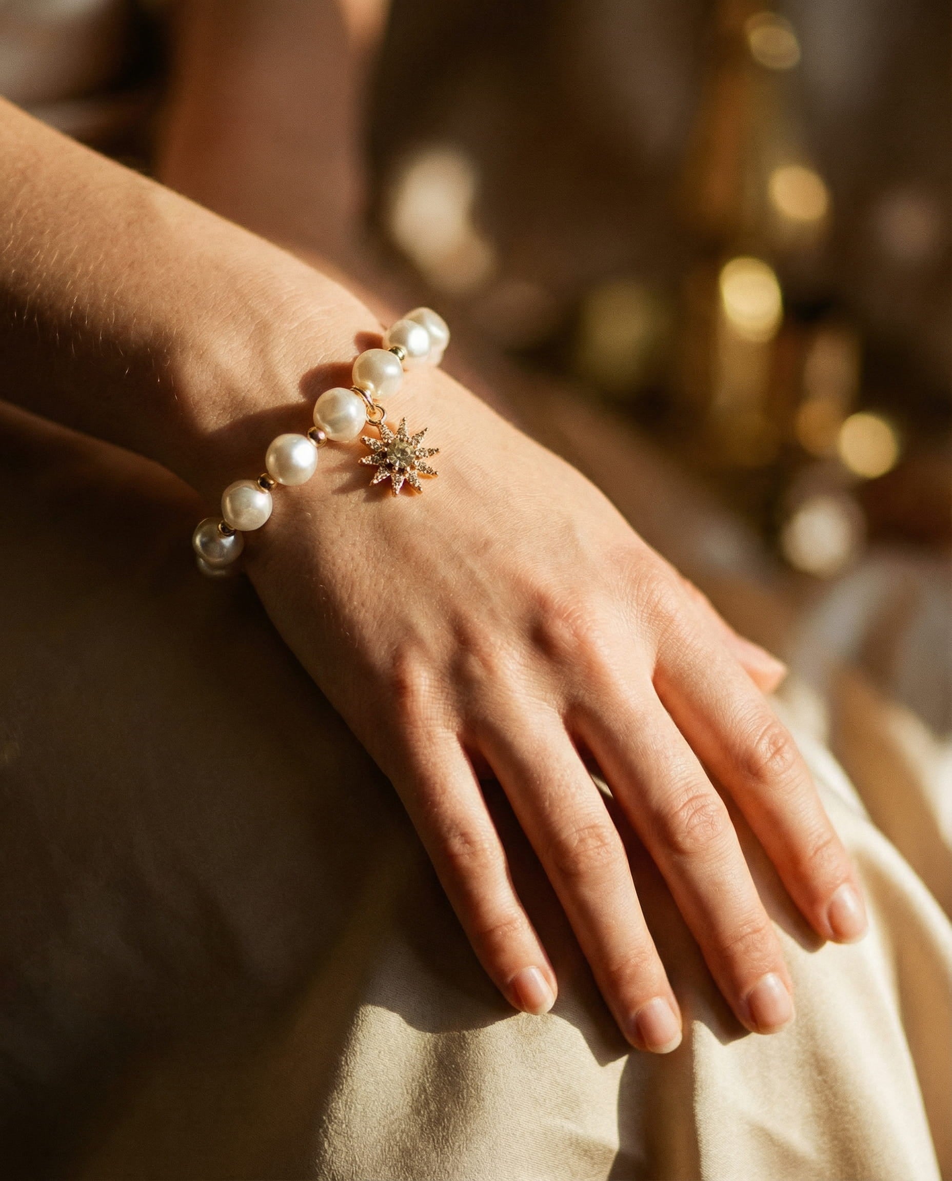 White Gold, Pearl and Sunflower Charm Bracelet