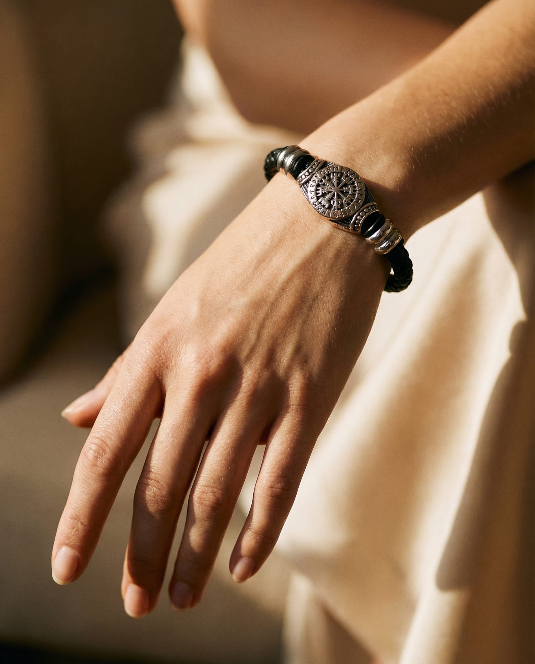 Black Braided Leather Viking Compass Bracelet