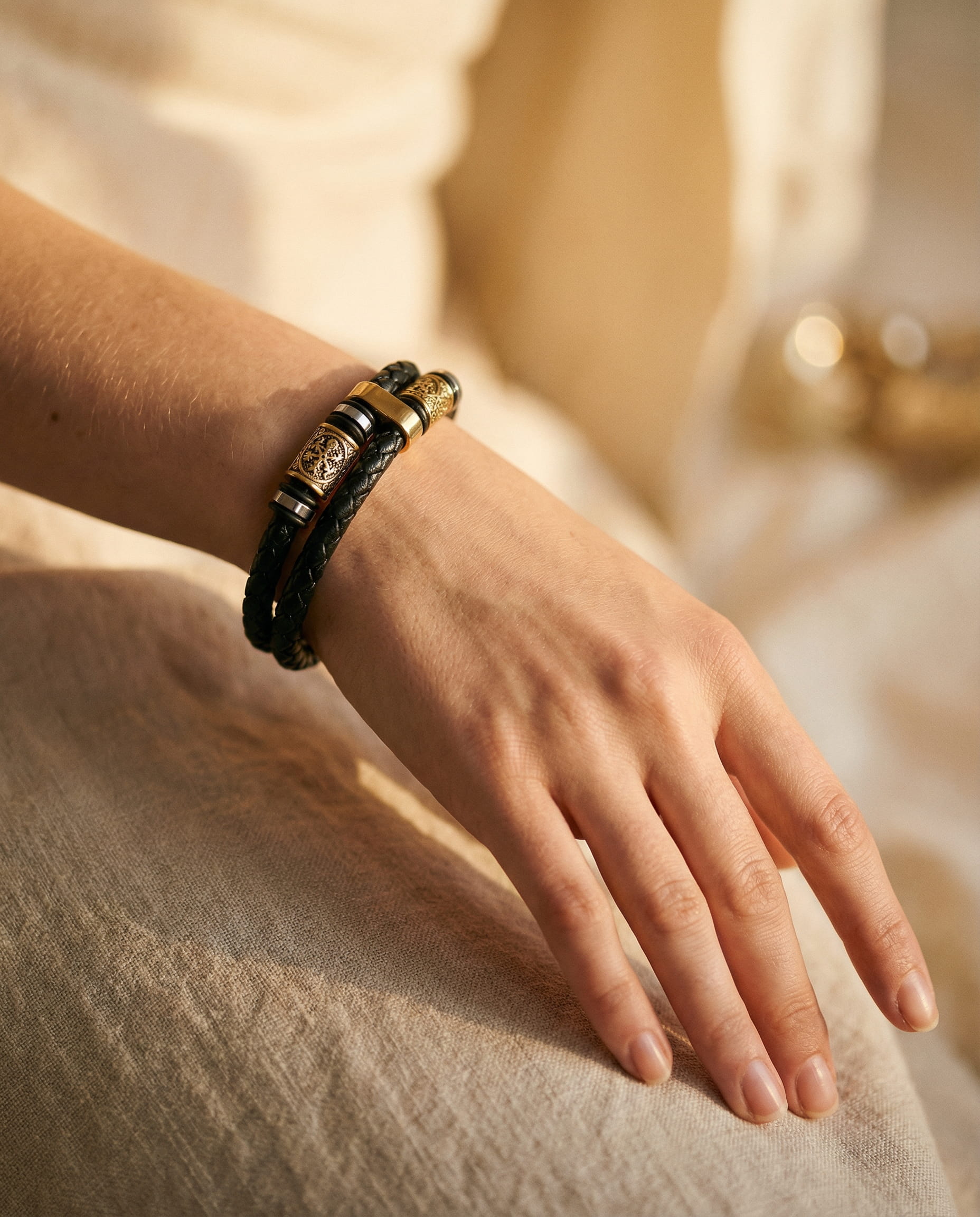 Braided Black Leather Bracelet with Gold Charm