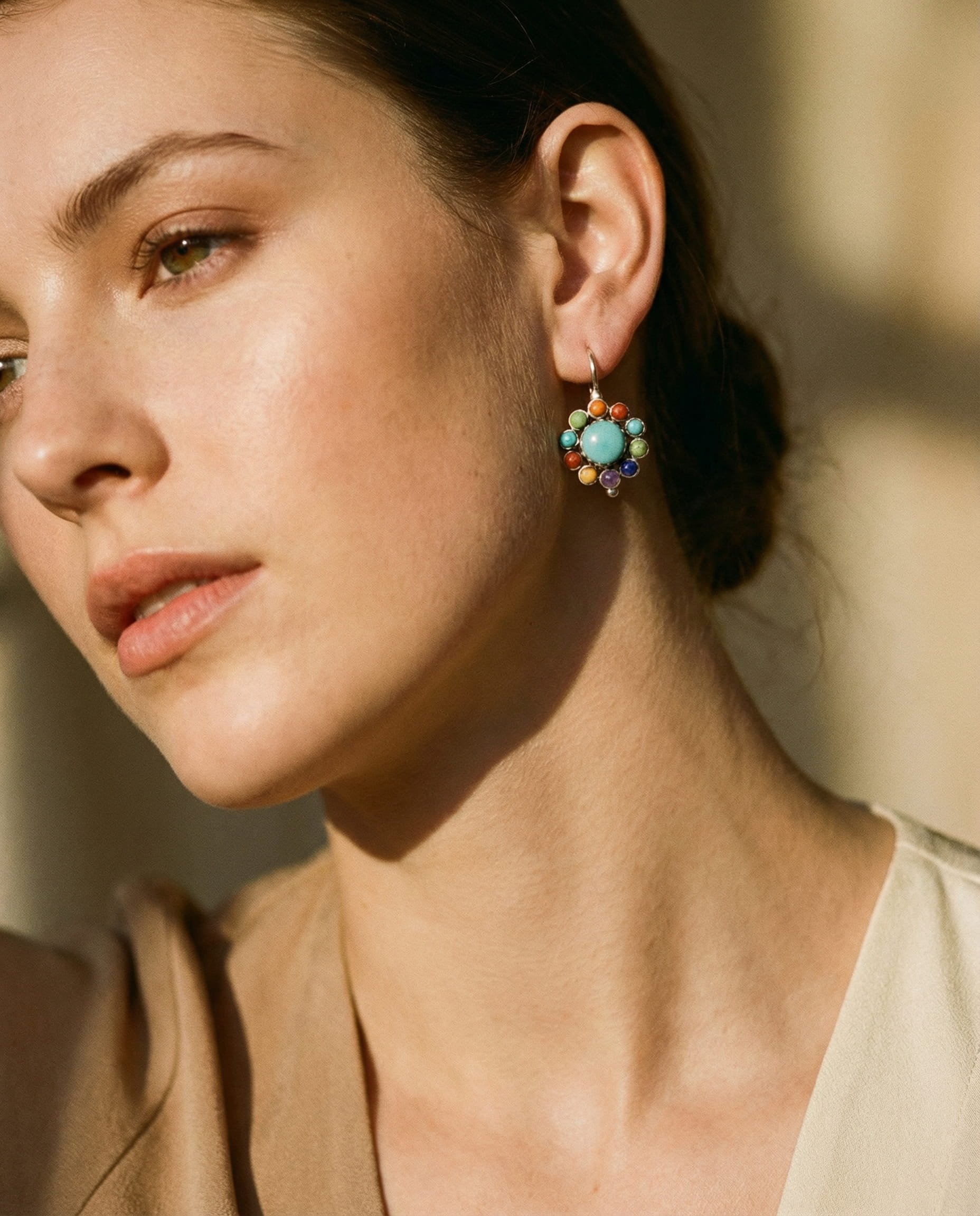 Multicoloured Stone Flower Earrings