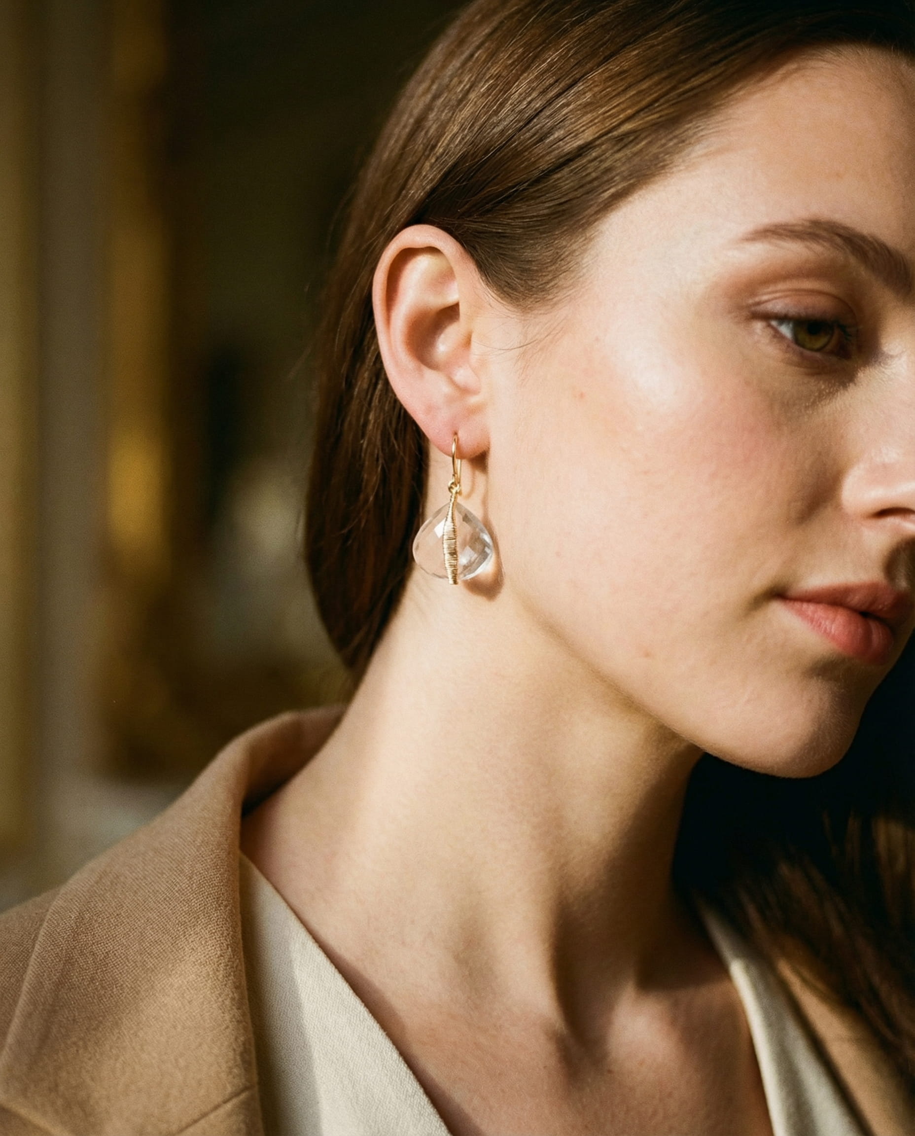 Handcrafted Gold White Crystal Earrings