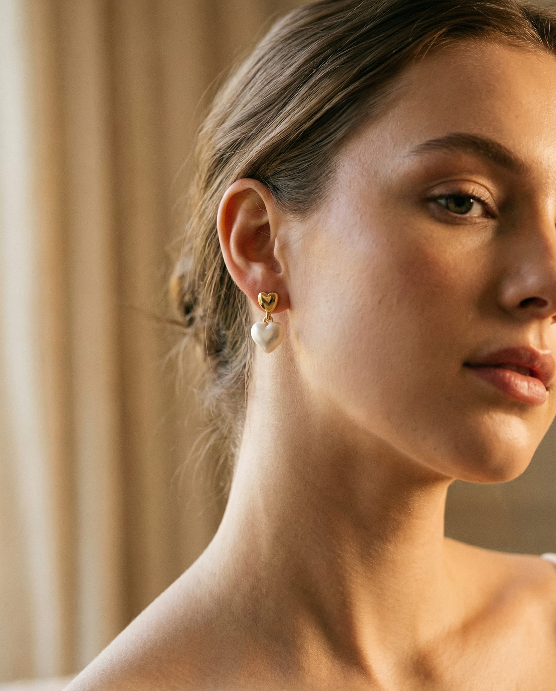 Elegant Gold Pearl Heart Earrings