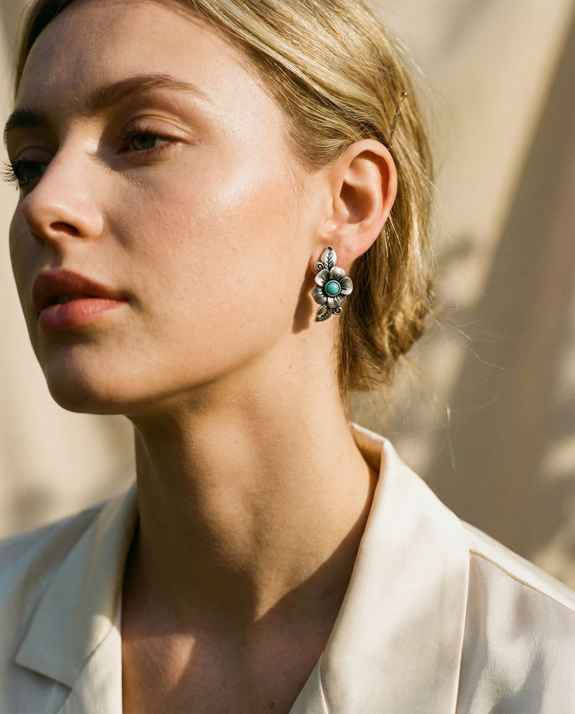 Sterling Silver Boho Blue Opal Flower Earrings