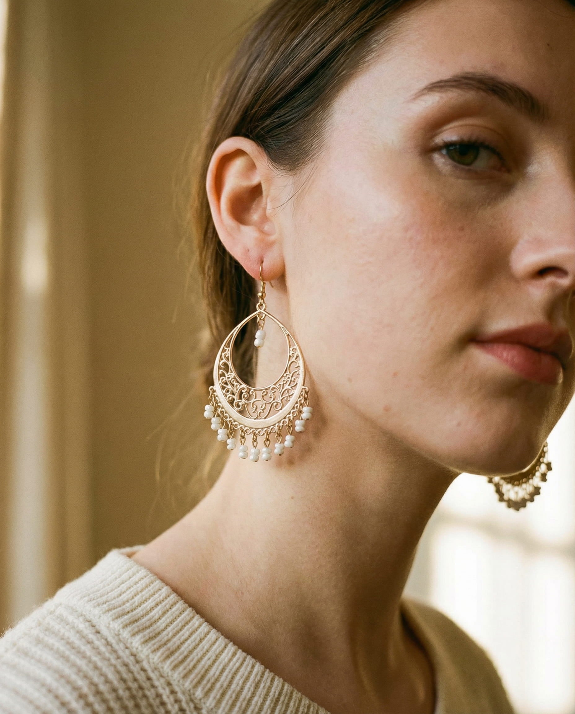 Timeless White Bead Mandala Earrings
