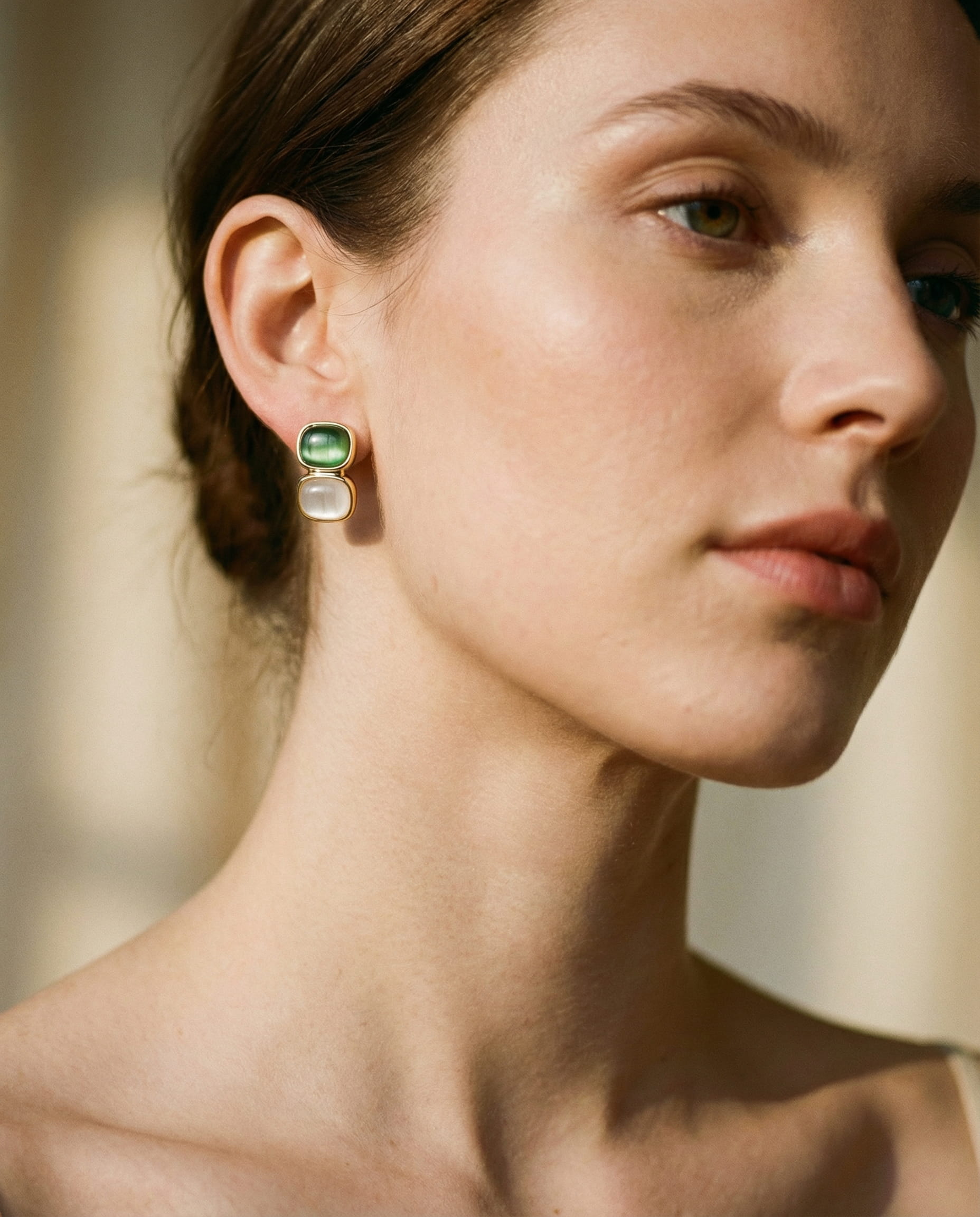 Elegant White and Green Stone Gold Earrings