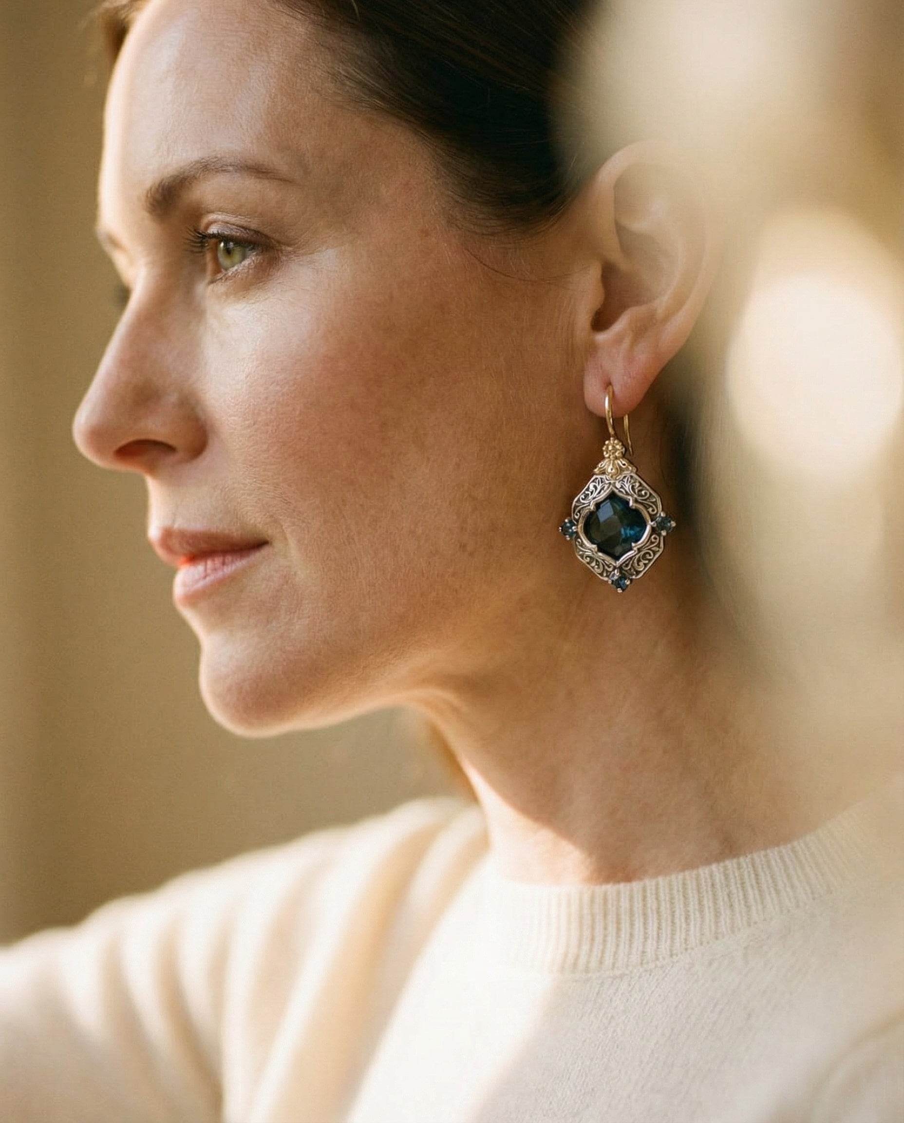 Gold and Silver Blue Crystal Earrings