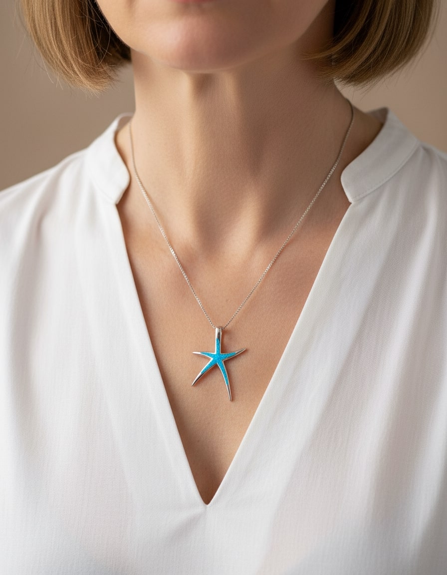 Blue Opal and Silver Starfish Necklace