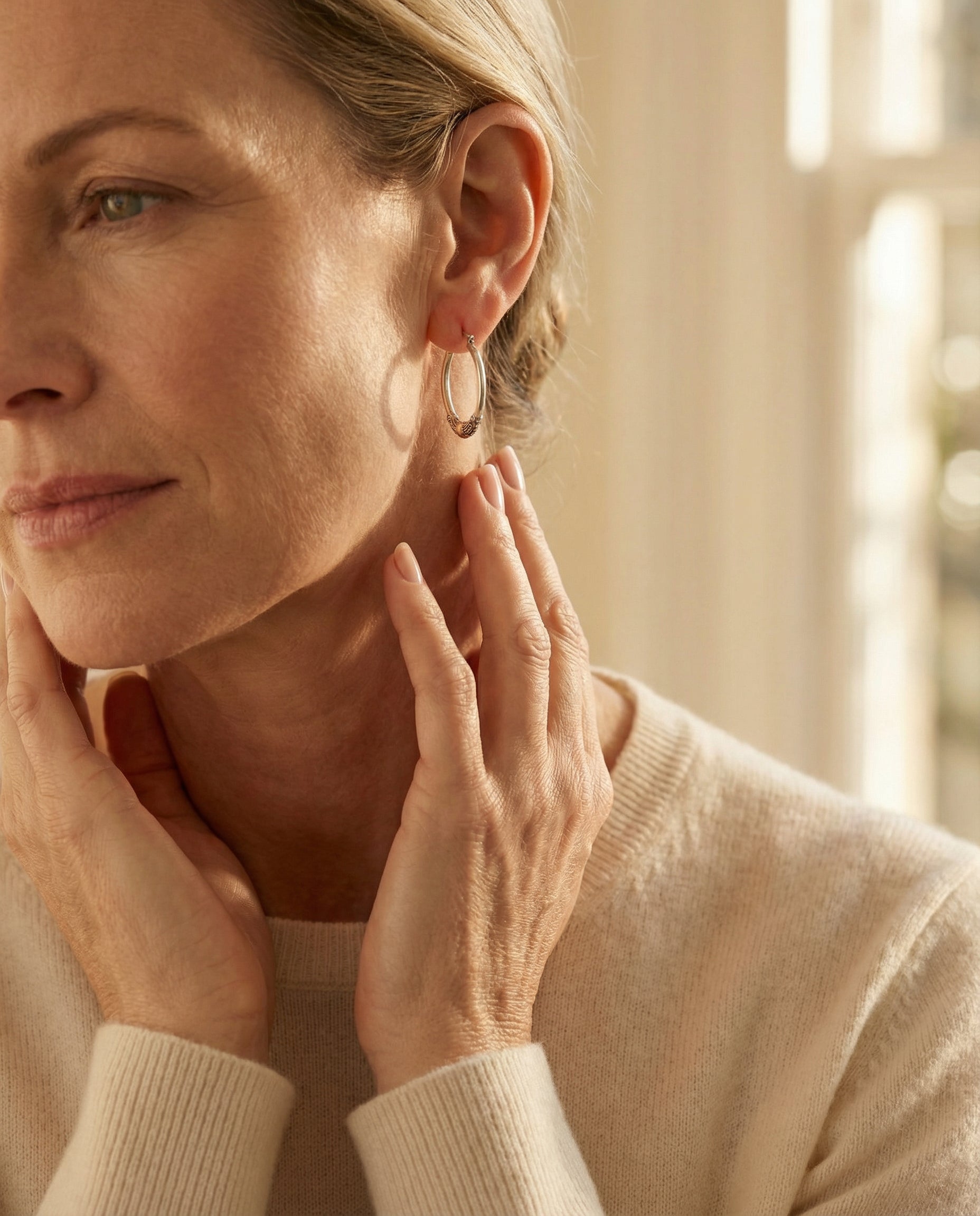 Vintage Silver Hoop Earrings with Carved Pattern