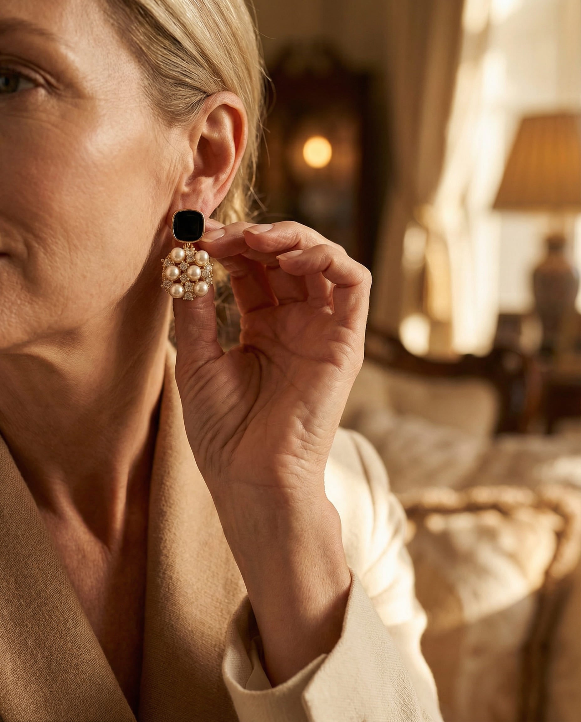 Pearl Earrings with Black Opal in Gold