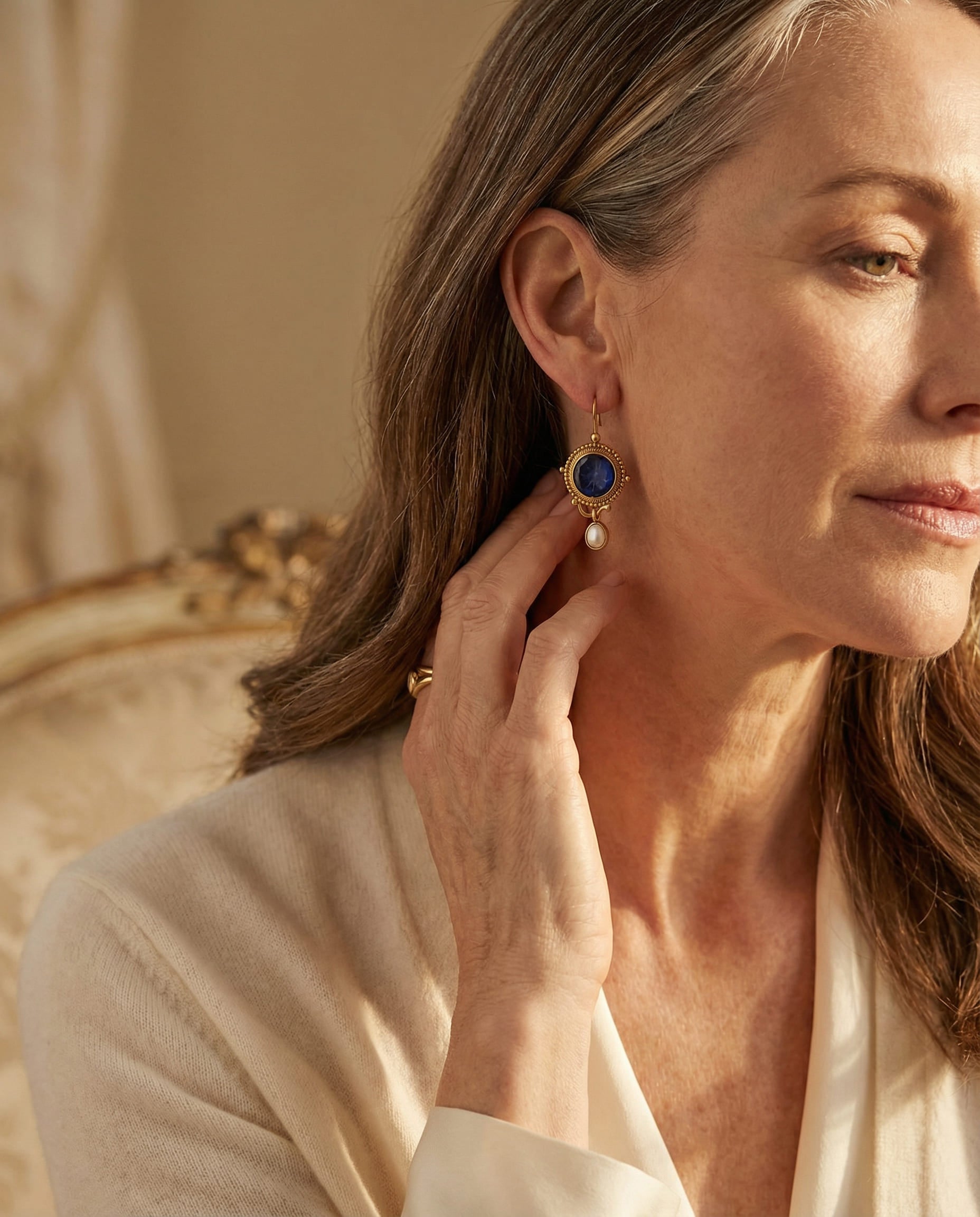 Vintage Gold Earrings with Blue Pearls