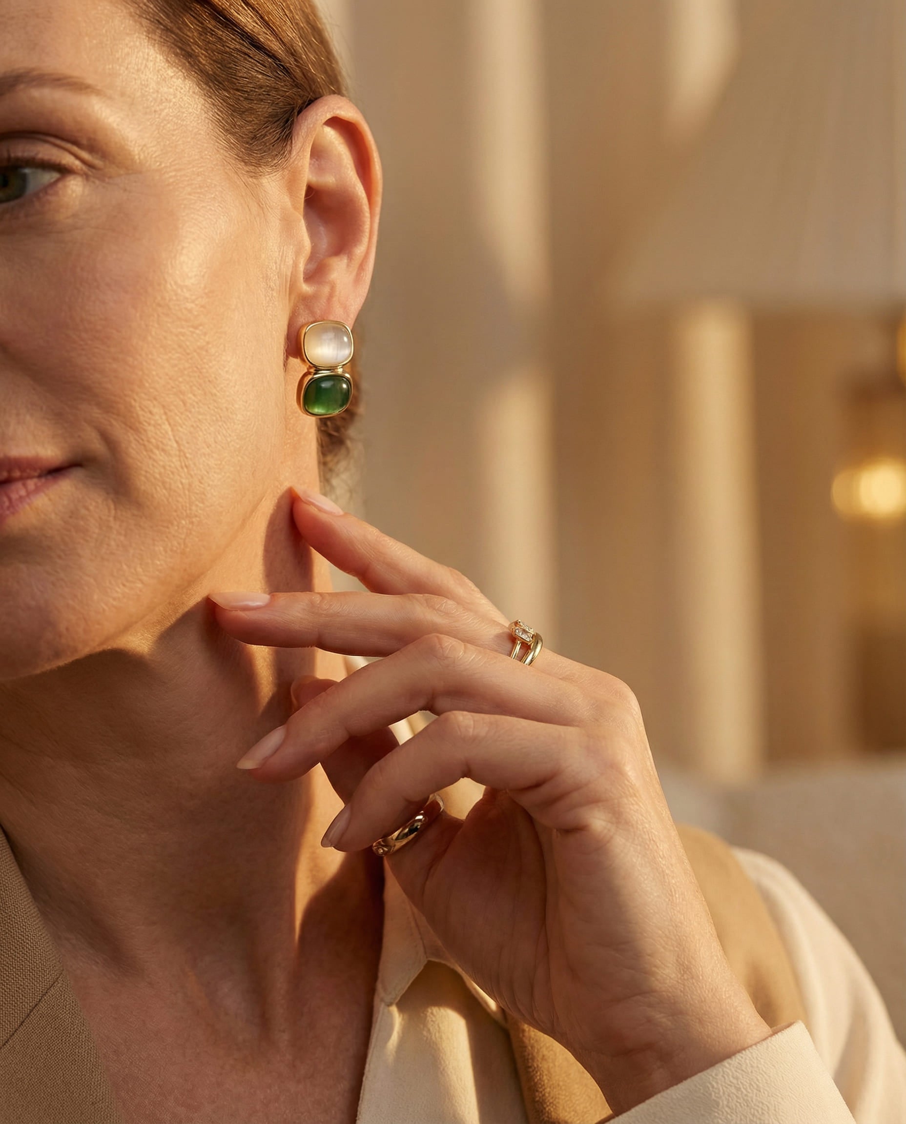 Elegant White and Green Stone Gold Earrings