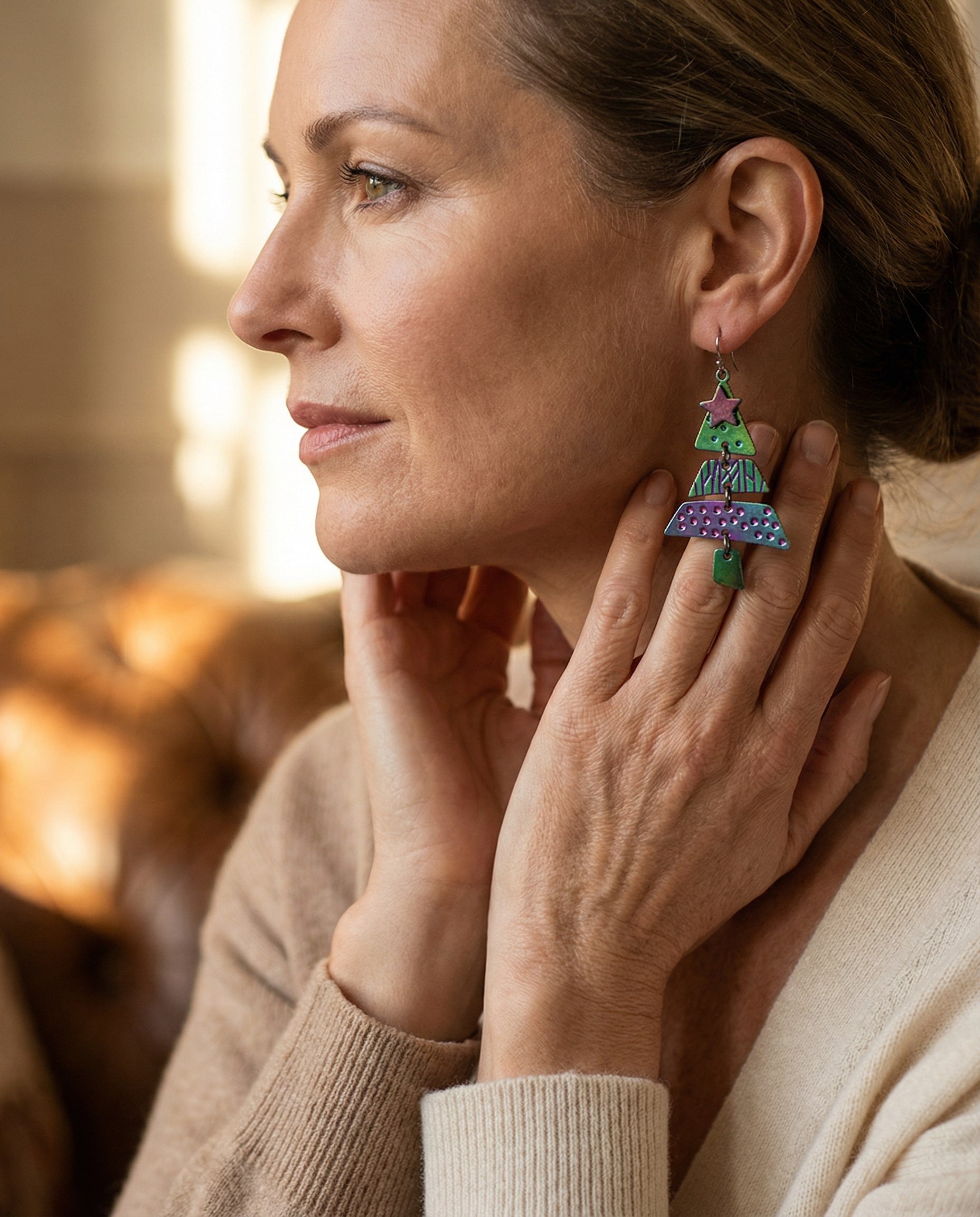 Mixed Metal Christmas Tree Drop Earrings