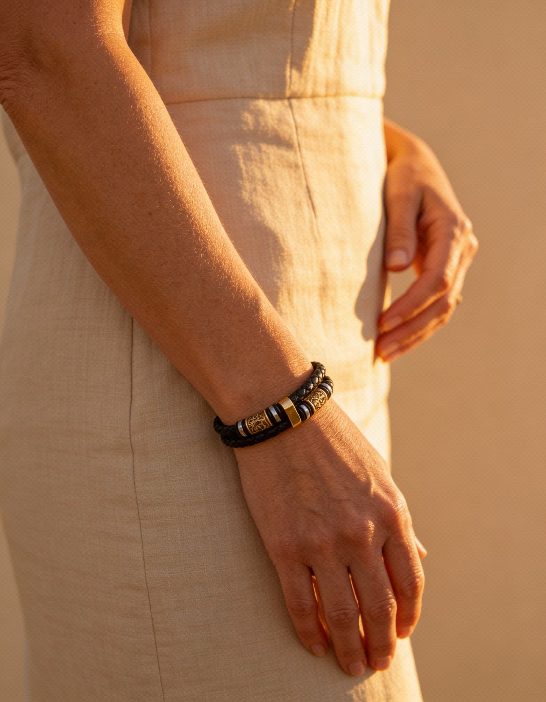 Braided Black Leather Bracelet with Gold Charm