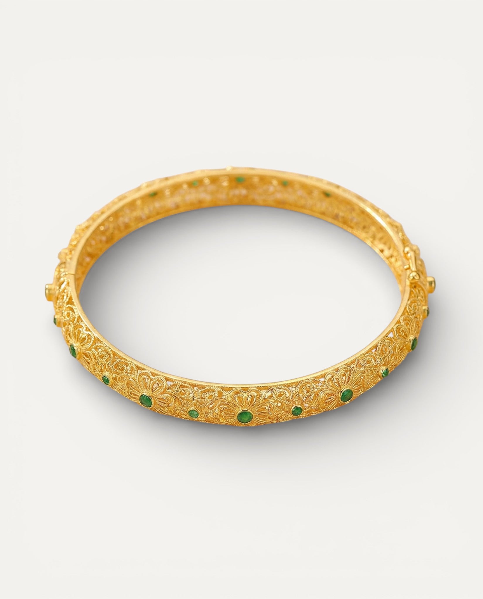 Ethnic Style Gold Green Gemstone Bangle with Floral Pattern