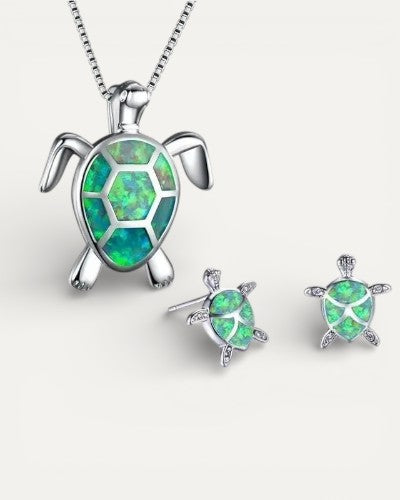 Sea Turtle Necklace and Earring Set in Opal and Silver