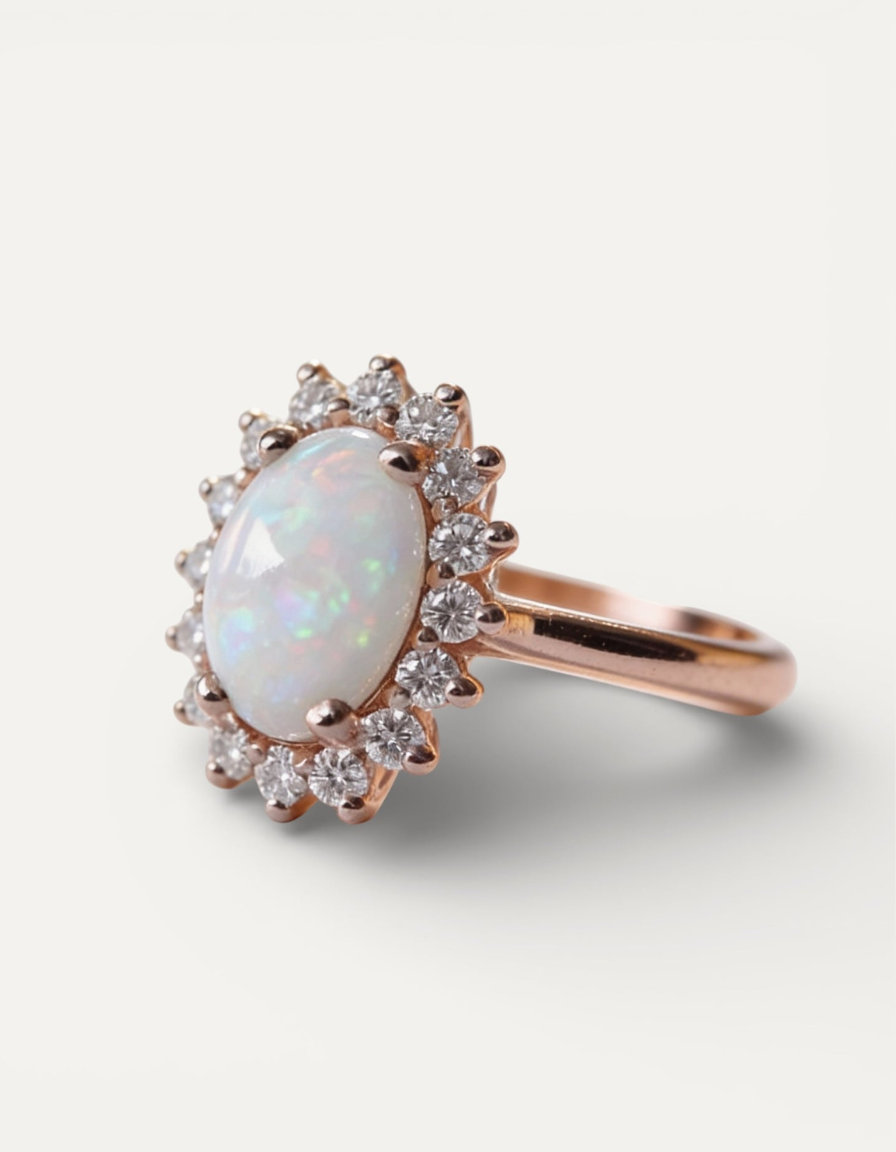 Vintage Rose Gold Oval Opal and Radiant Crystal Border Ring