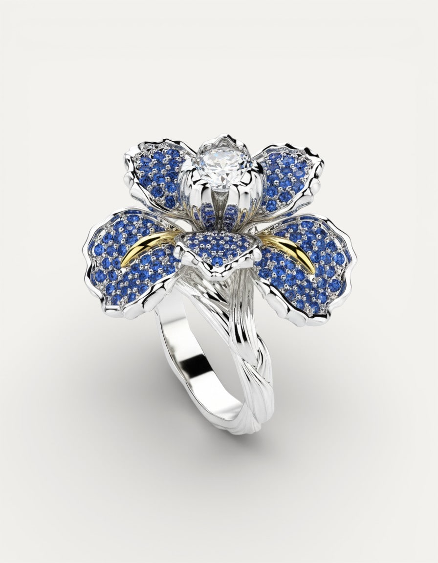 Silver Blue Flower and Crystal Ring