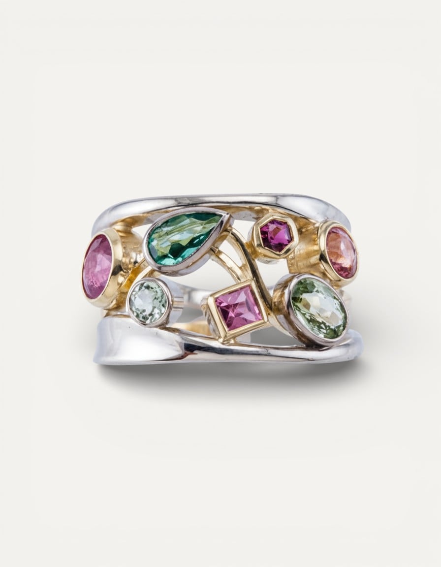 Vintage Colourful Gold and Silver Glass Ring